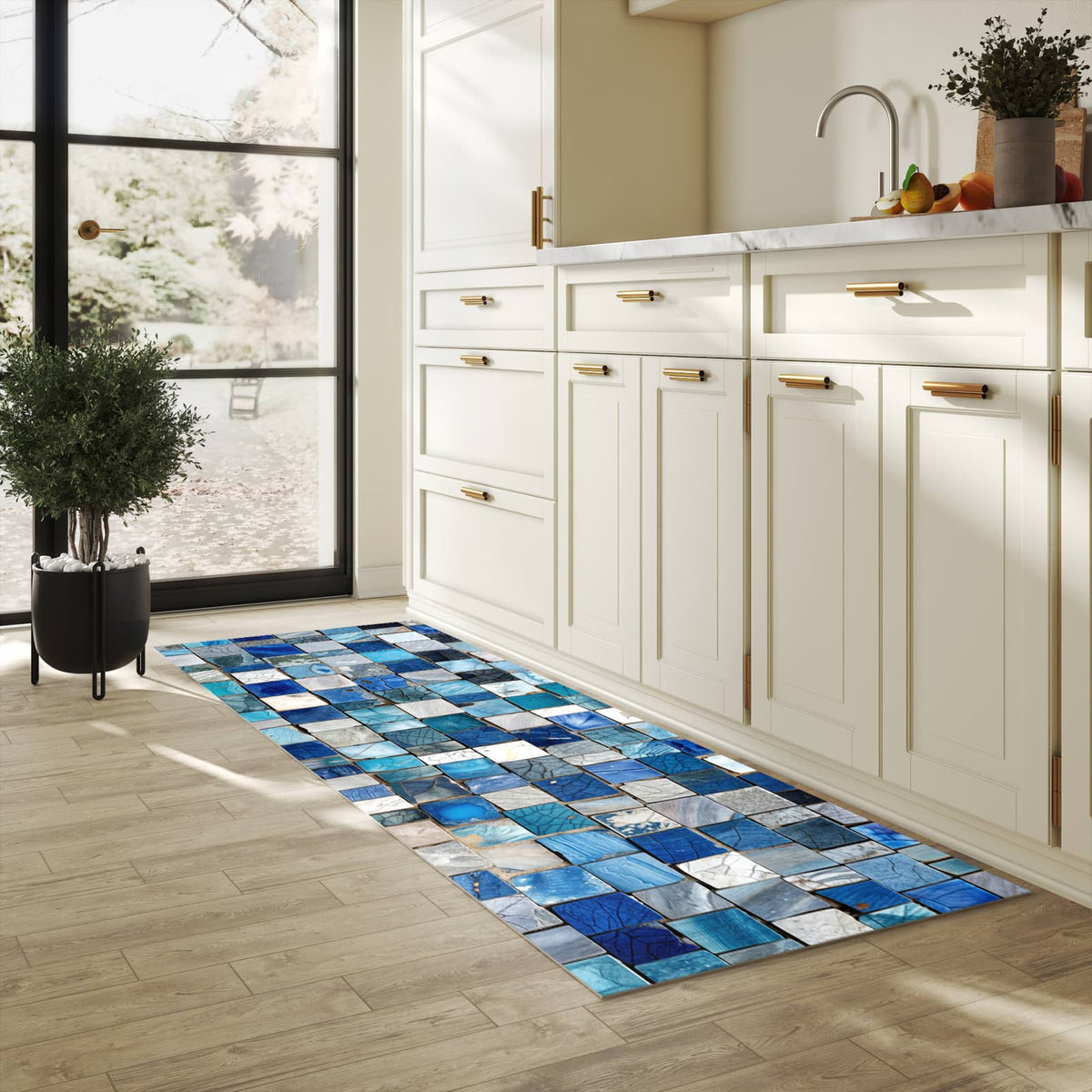 Pflegeleichter waschbarer Küchenläufer mit Motiv Mosaikfliesenmuster in heller Küche