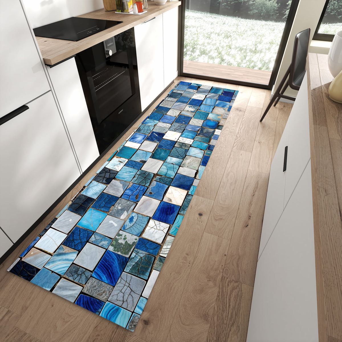 Komfortabler Küchenteppich mit Motiv Mosaikfliesenmuster in moderner Küche