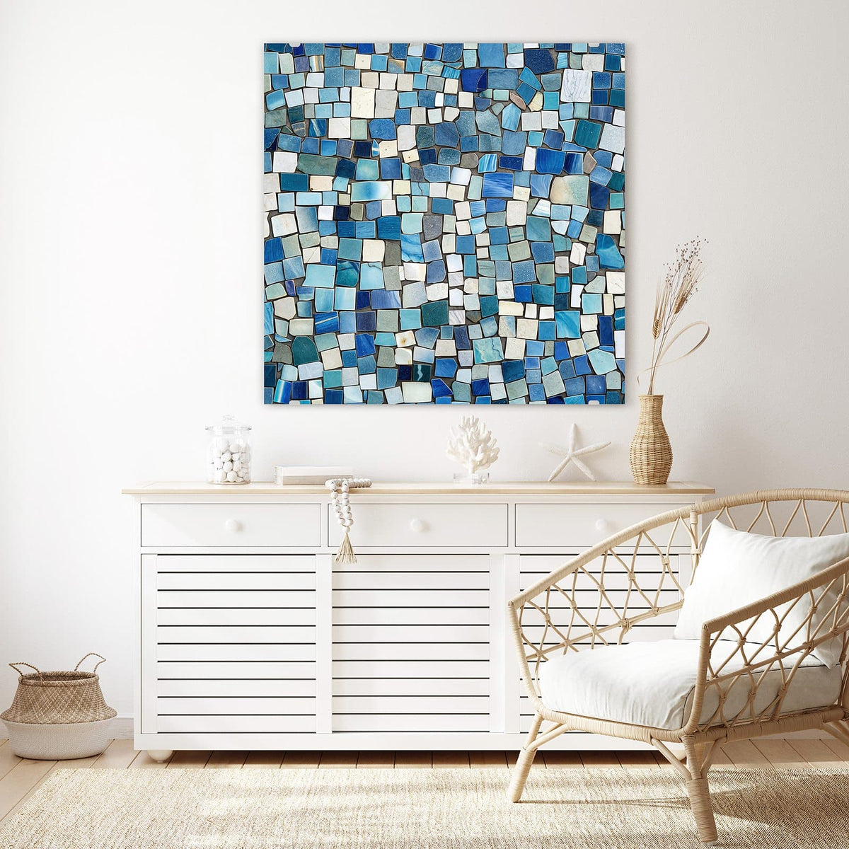 Echtglas, 4 mm – kein Acryl, keine Folie – Wandbild - Blaues Mosaik - Quadratisch