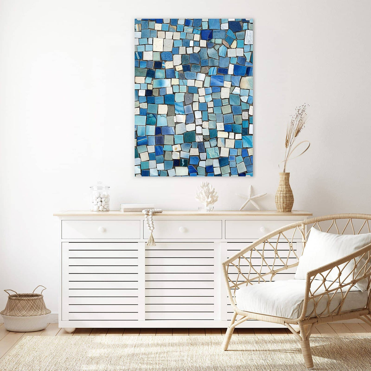 Aufhängung liegt bei – Motiv später wechselbar – Wandbild - Blaues Mosaik - Hochformat