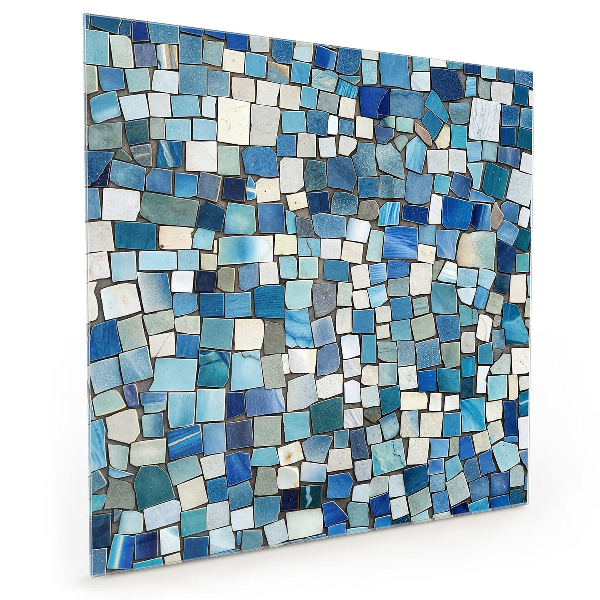 Küchenrückwand aus Glas im quadratischen Format: Mosaik aus unregelmäßig gebrochenen Steinchen in Blau, Türkis, Grau und Creme #grösse_40 x 40 cm #grösse_50 x 50 cm #grösse_60 x 60 cm