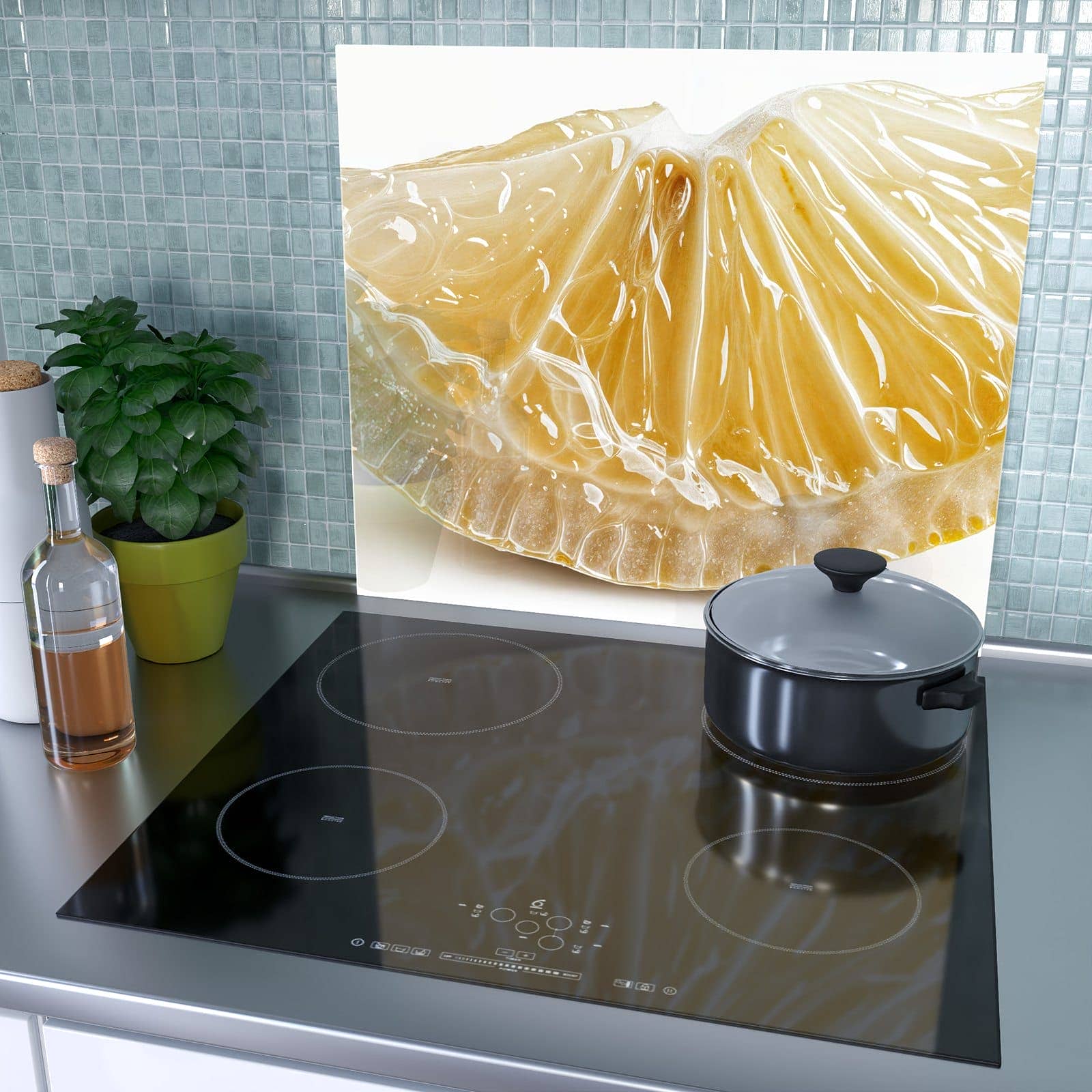 1-teilige Ceranfeld Abdeckplatten mit Zitronenscheibe-Motiv als Spritzschutz hinter dem Kochfeld