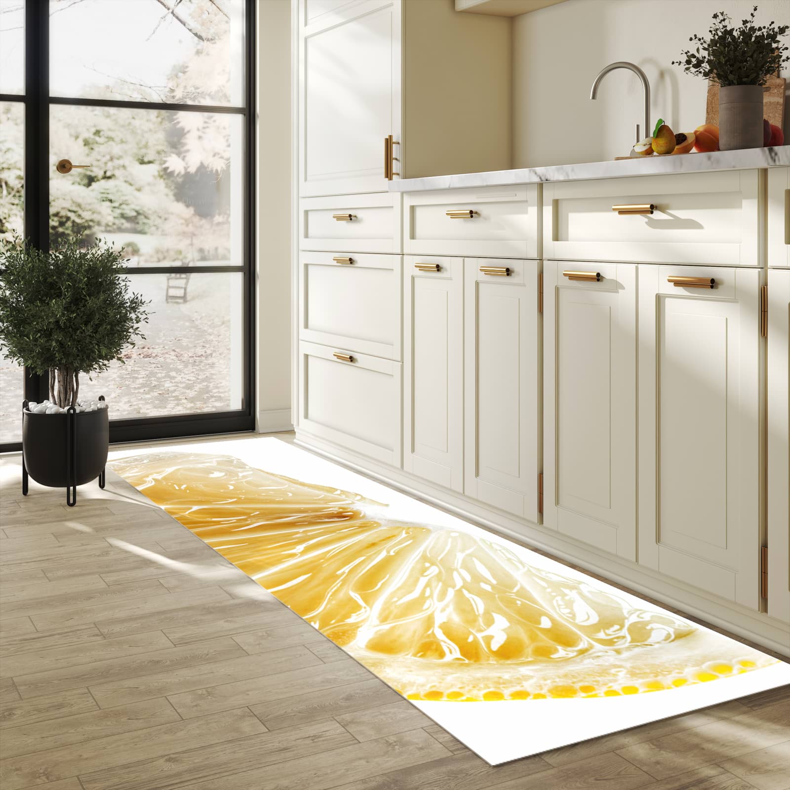Dünner Küchenteppich mit Motiv Zitronenscheibe in heller Küche für angenehme Haptik