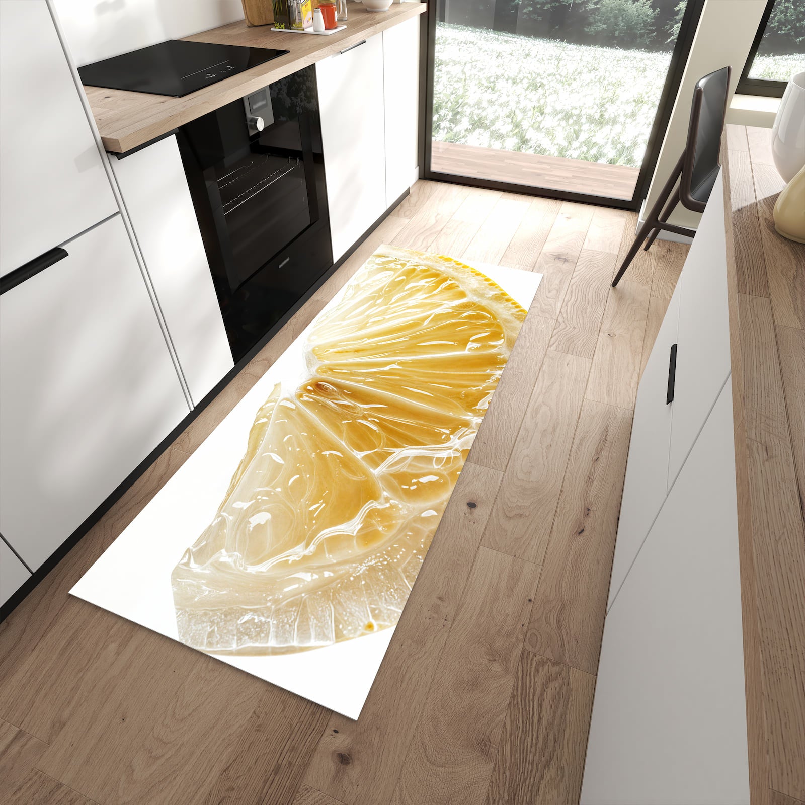 Komfortabler waschbarer Küchenteppich mit Motiv Zitronenscheibe in moderner Küche