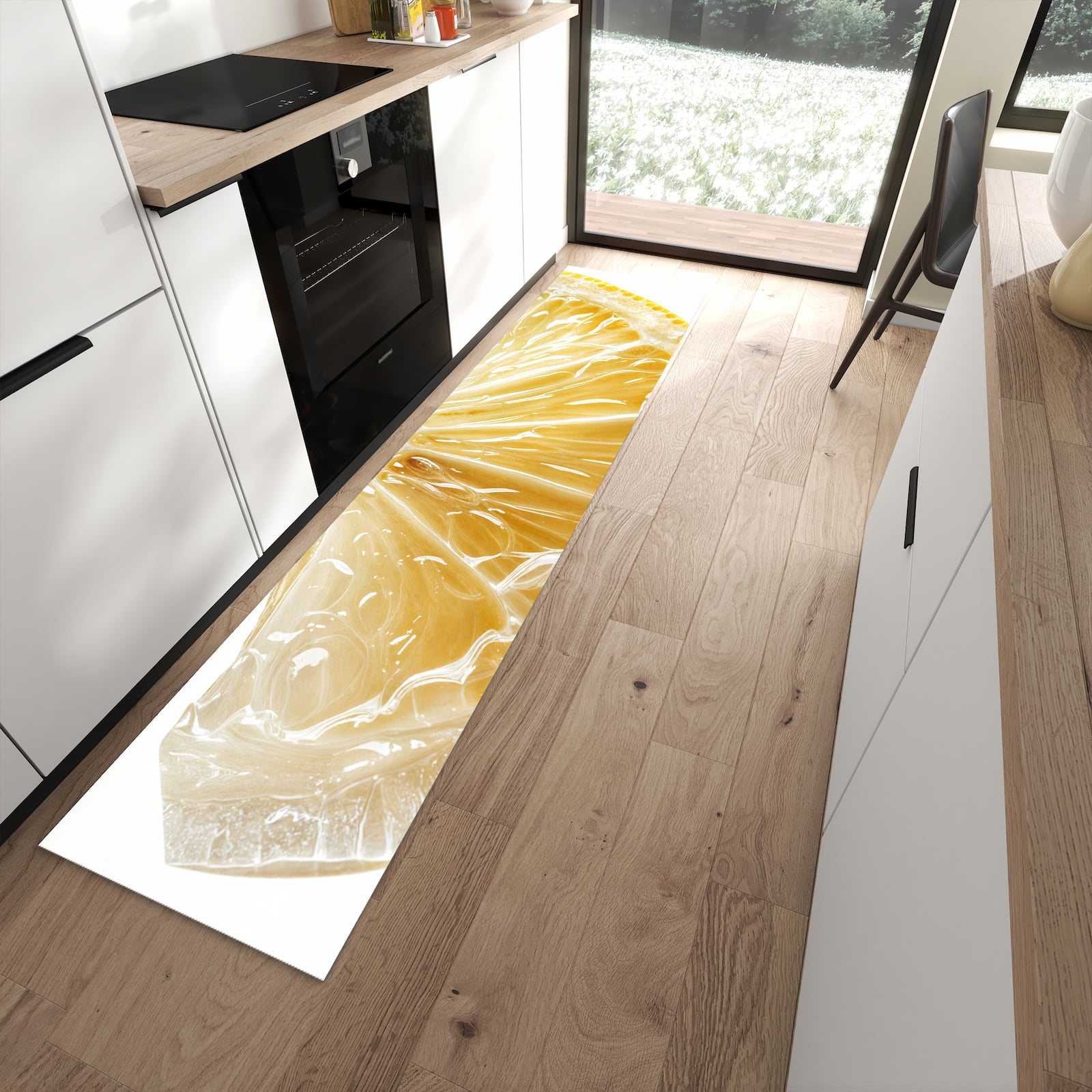 Langlebiger Bodenläufer mit Motiv Zitronenscheibe in moderner Küche