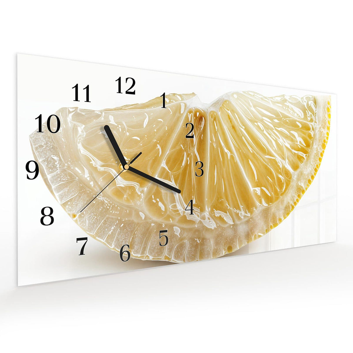 Vormontiert – mit Schwebeeffekt – Wanduhr Zitronenscheibe aus Glas – Querformat 60 × 30 cm
