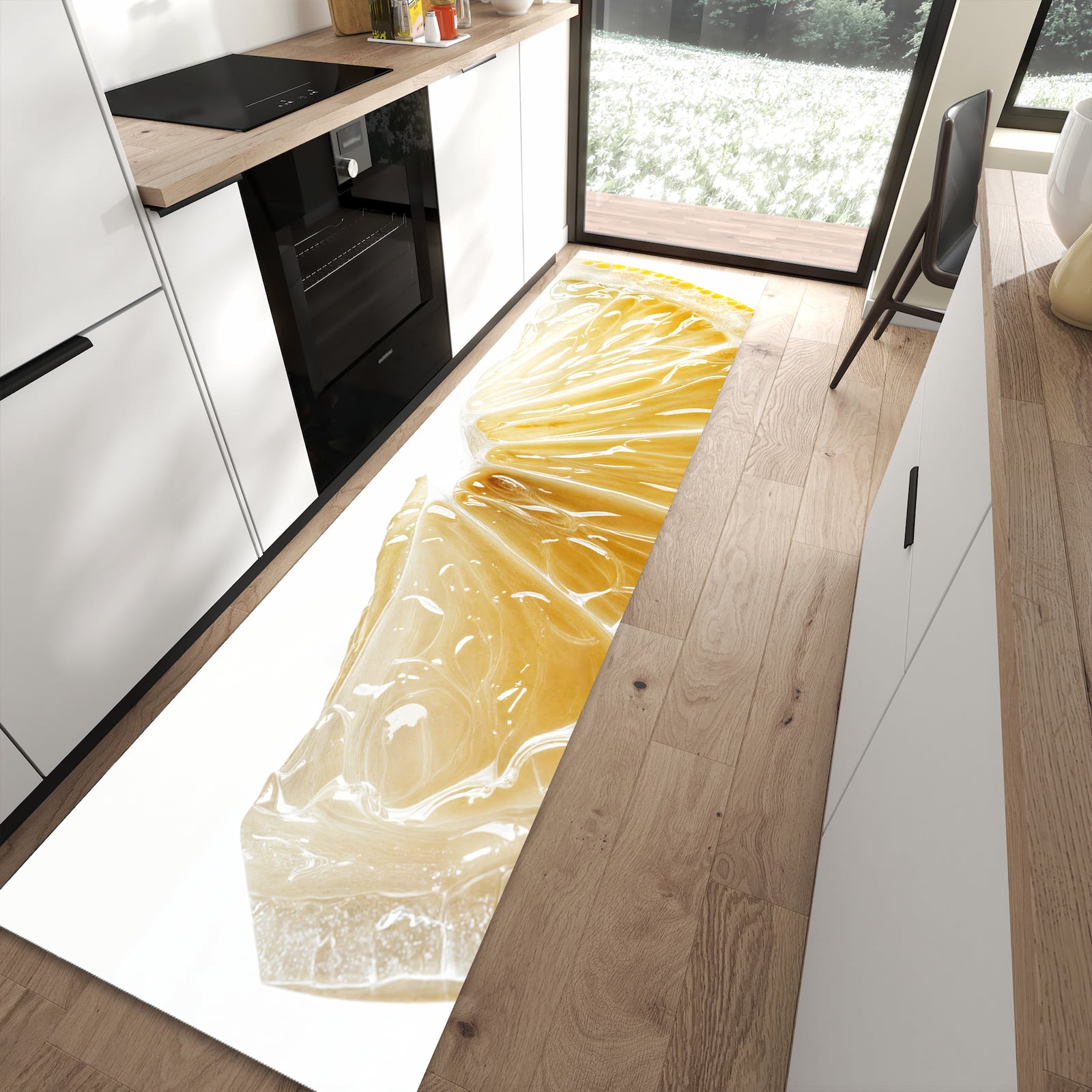 Küchenteppich mit Motiv Zitronenscheibe für angenehme Haptik in moderner Küche