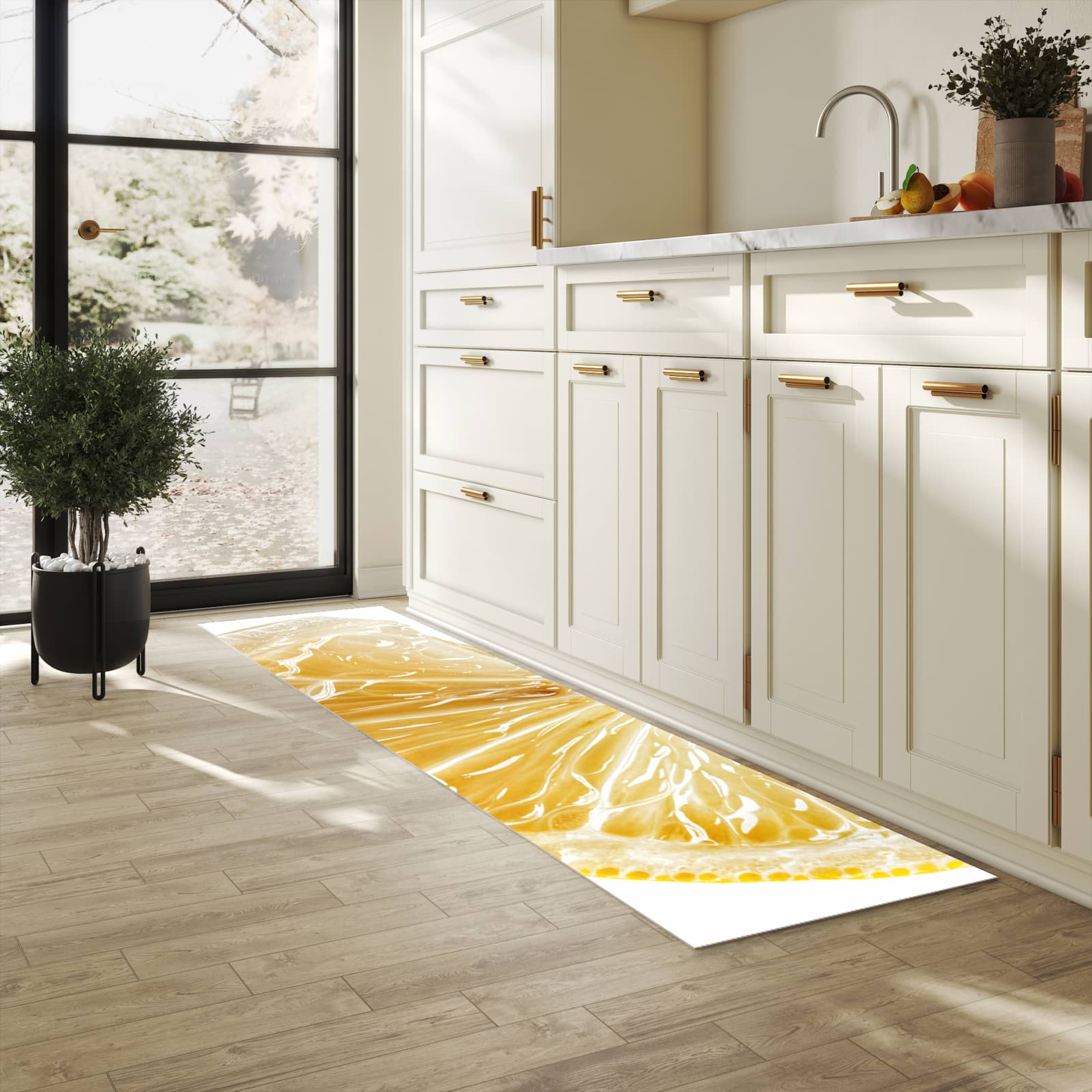 Langlebiger Teppichläufer mit Motiv Zitronenscheibe in heller Küche