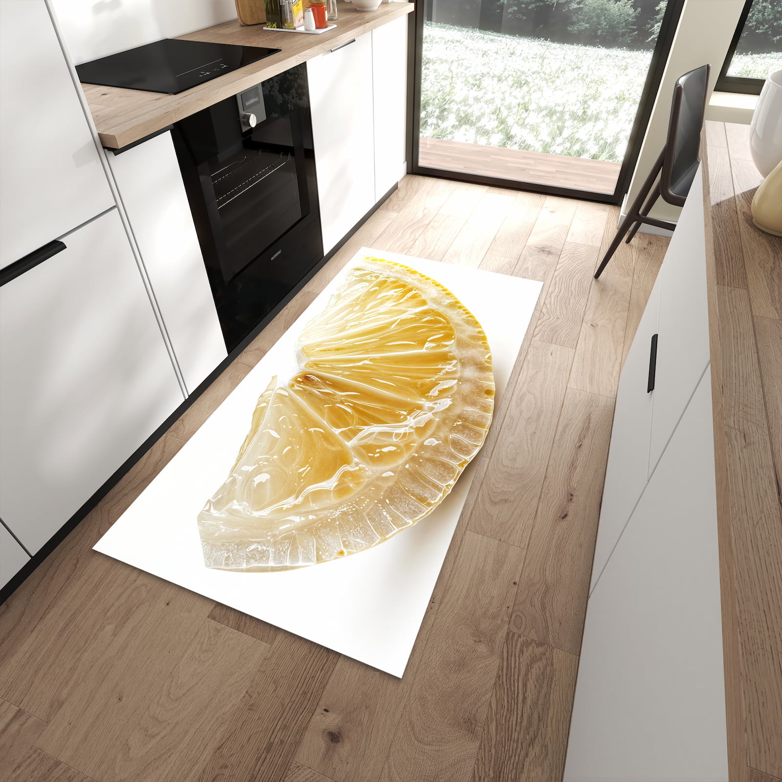Hygienischer Küchenteppich mit Motiv Zitronenscheibe in moderner Küche - leicht waschbar