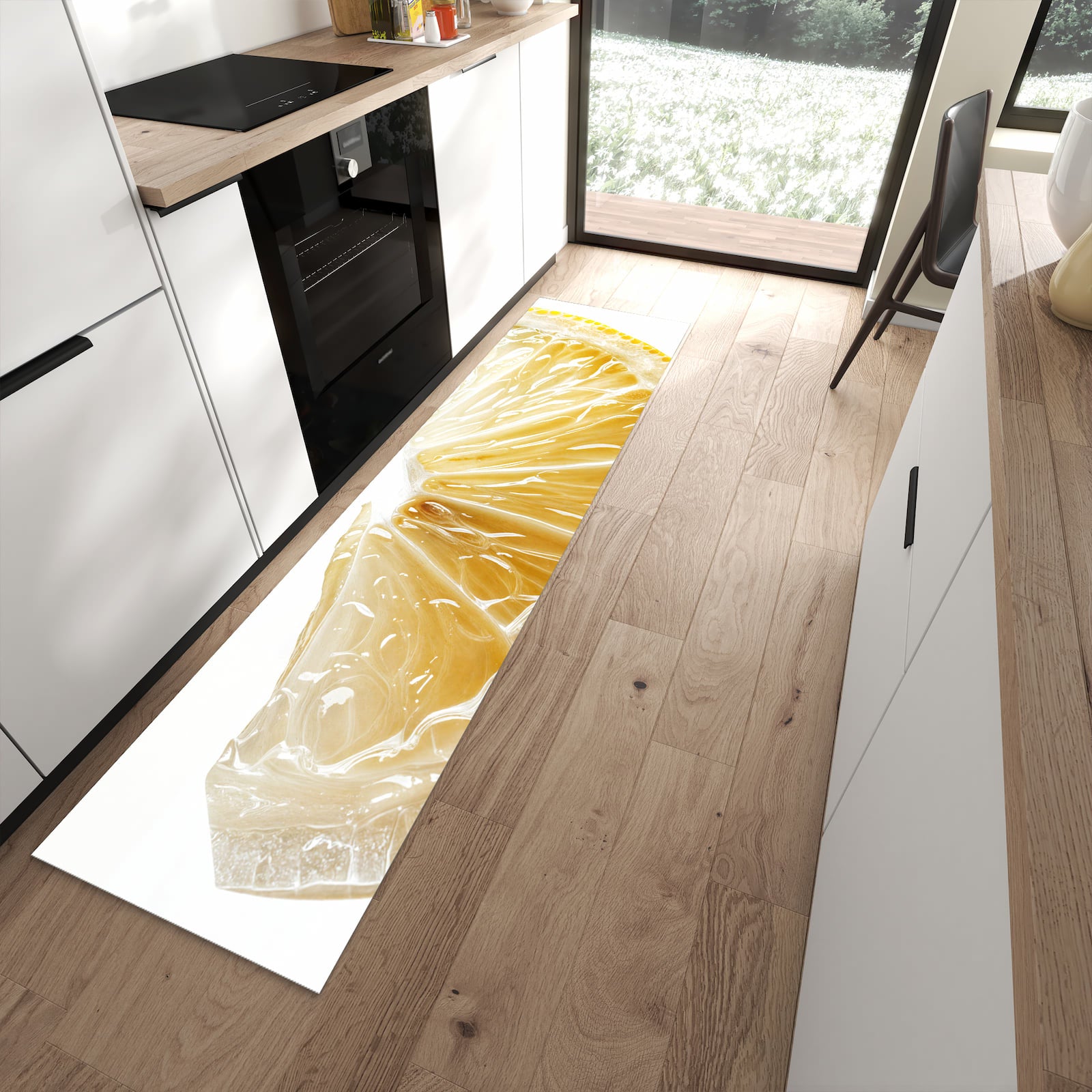 Geruchsneutraler rutschfester Küchenteppich mit Motiv Zitronenscheibe in moderner Küche