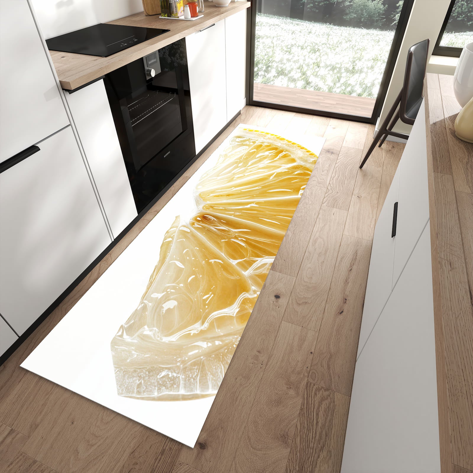 Rutschfester Küchenläufer mit Motiv Zitronenscheibe in moderner Küche