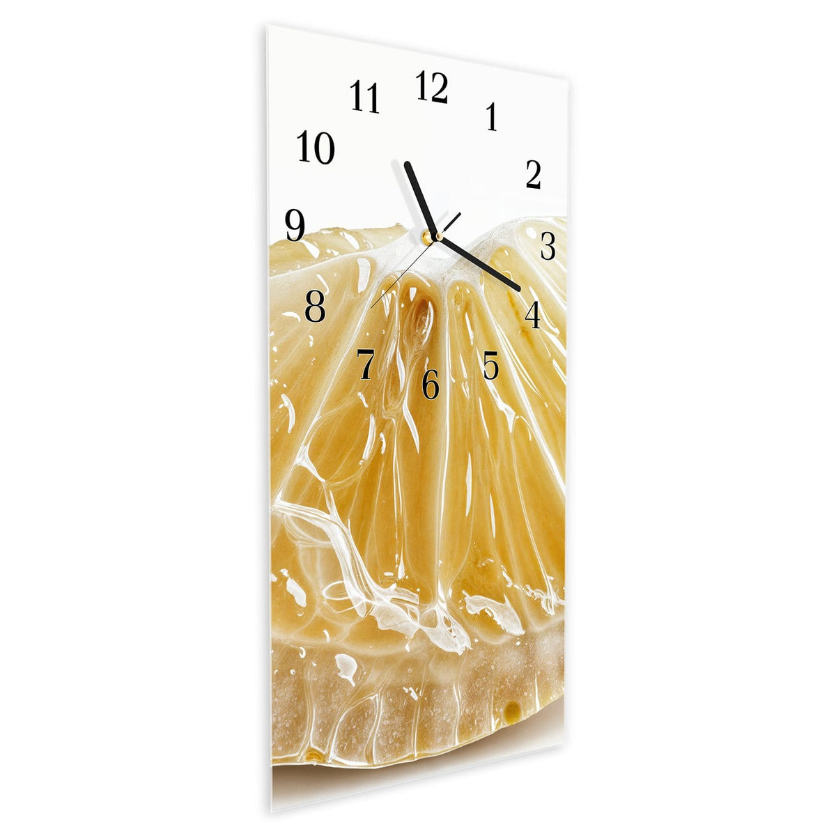 Vormontiert – mit Schwebeeffekt – Wanduhr Zitronenscheibe aus Glas – Hochformat 30 × 60 cm