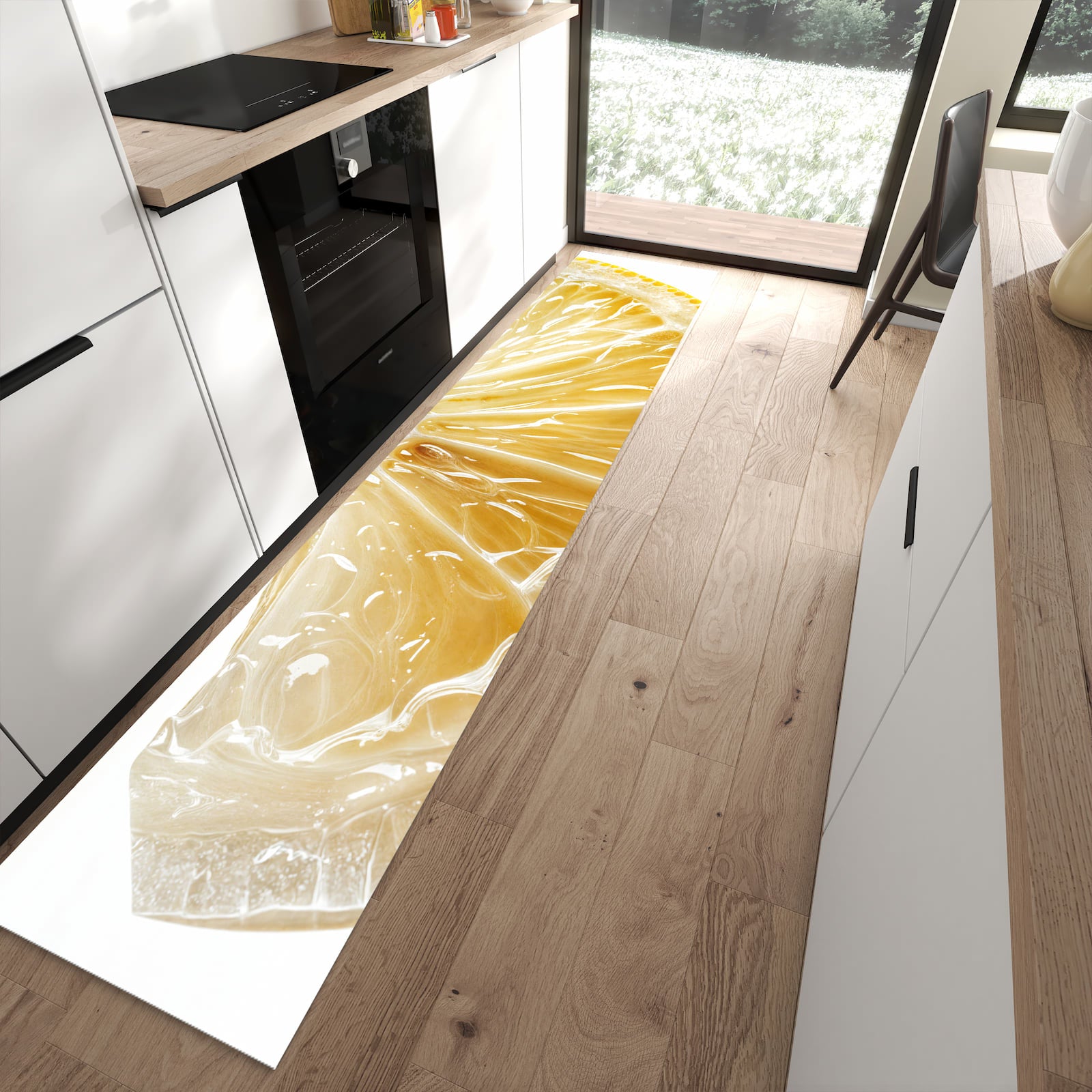 Flacher Bodenläufer mit Motiv Zitronenscheibe in moderner Küche