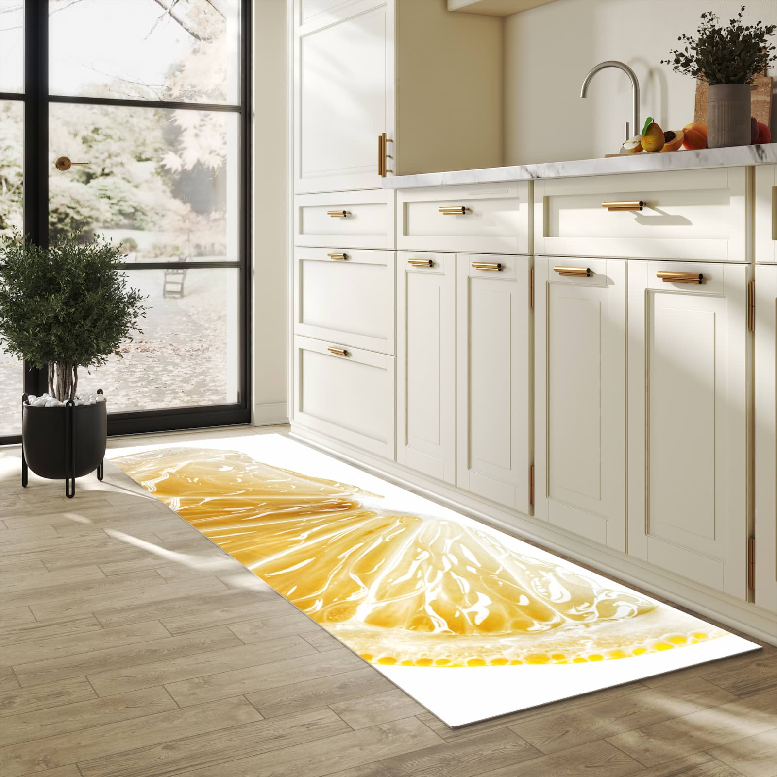 Pflegeleichter Läufer mit Motiv Zitronenscheibe in heller Küche für einfache Reinigung