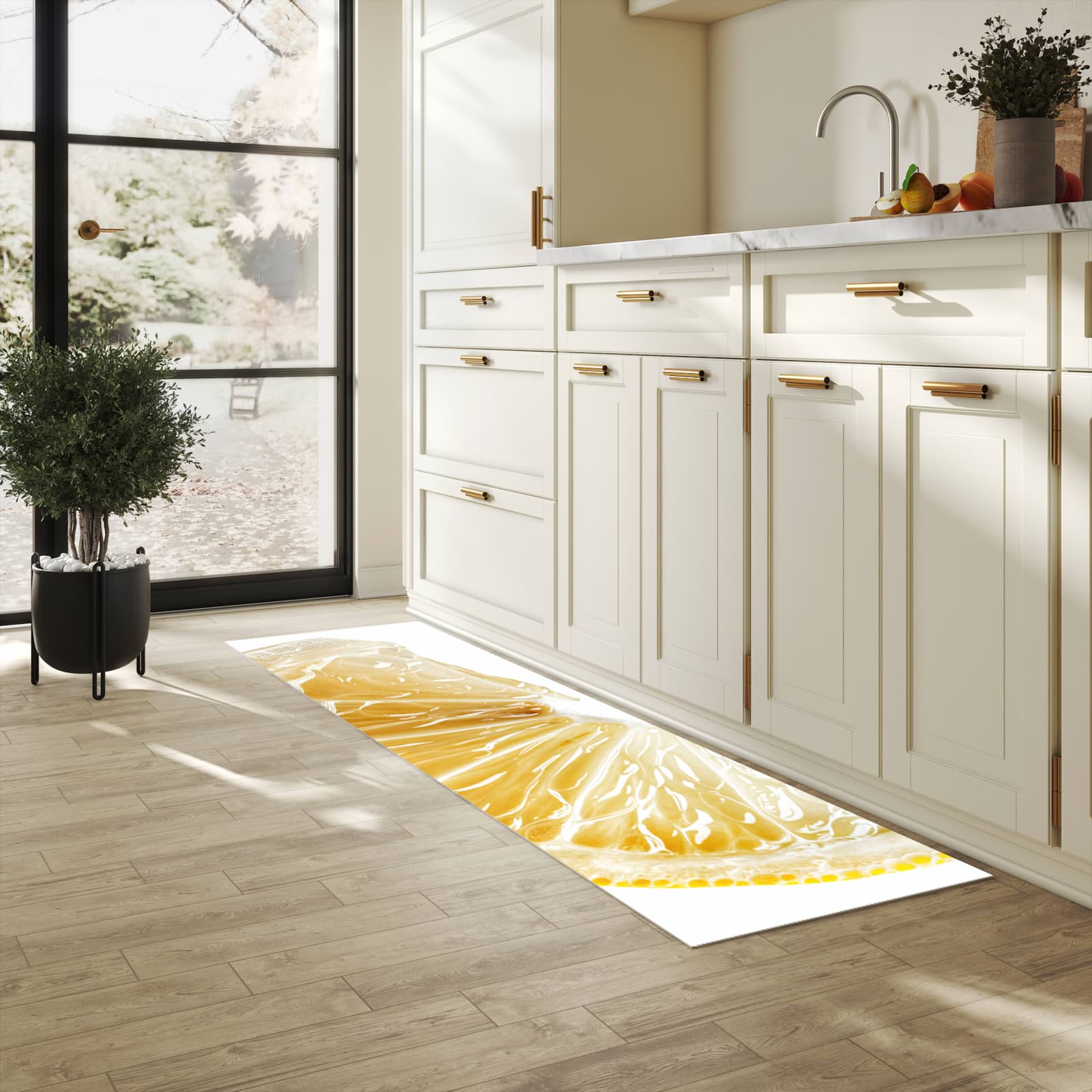 Geruchsneutraler Küchenläufer mit Motiv Zitronenscheibe in heller Küche