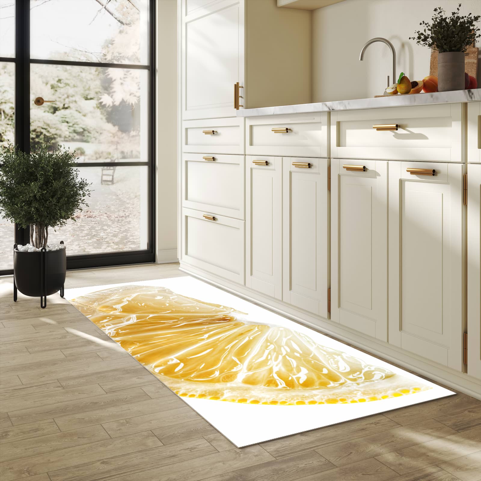 Strapazierfähiger dünner Küchenteppich mit Motiv Zitronenscheibe in heller Küche