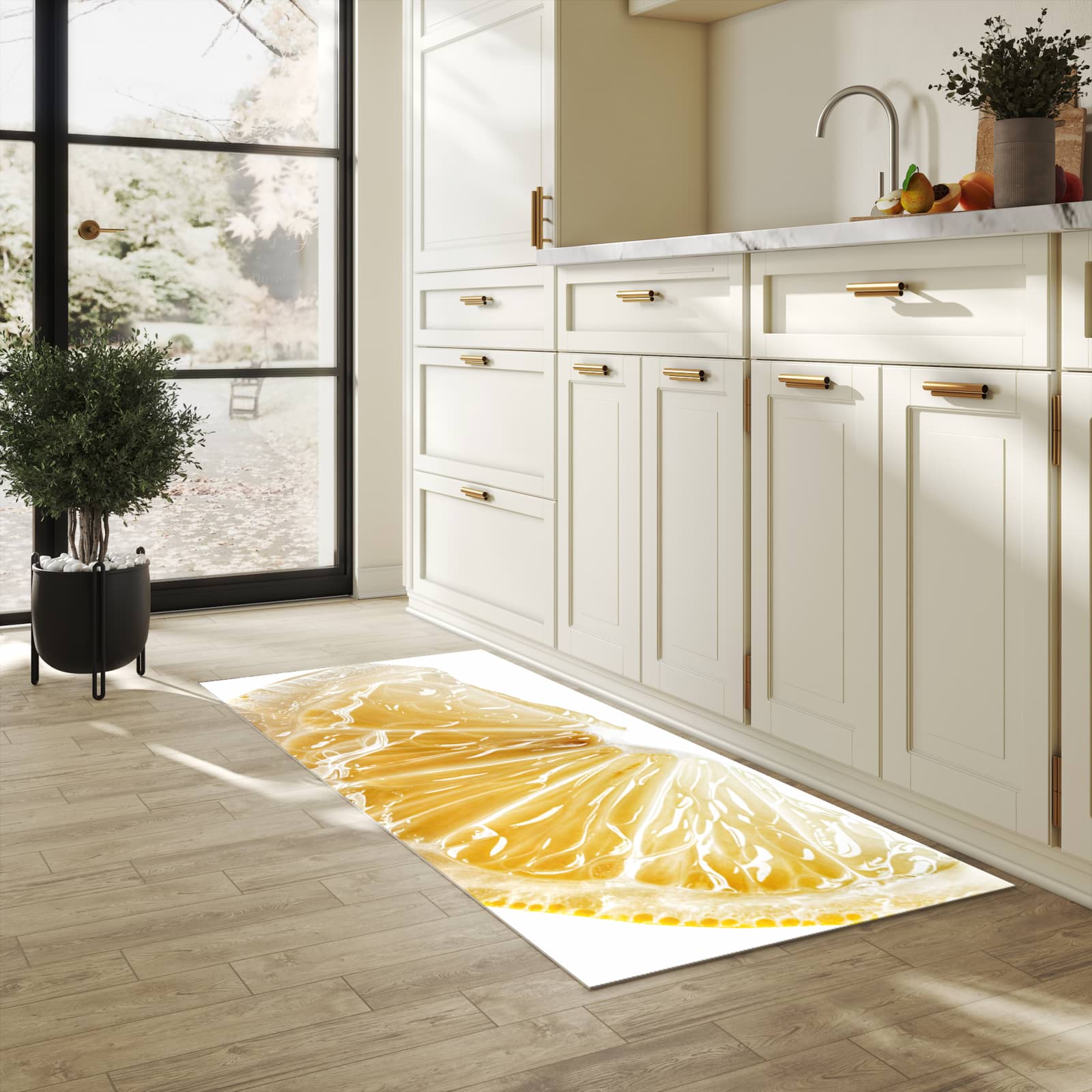 Komfortabler langer Teppich mit Motiv Zitronenscheibe in heller Küche