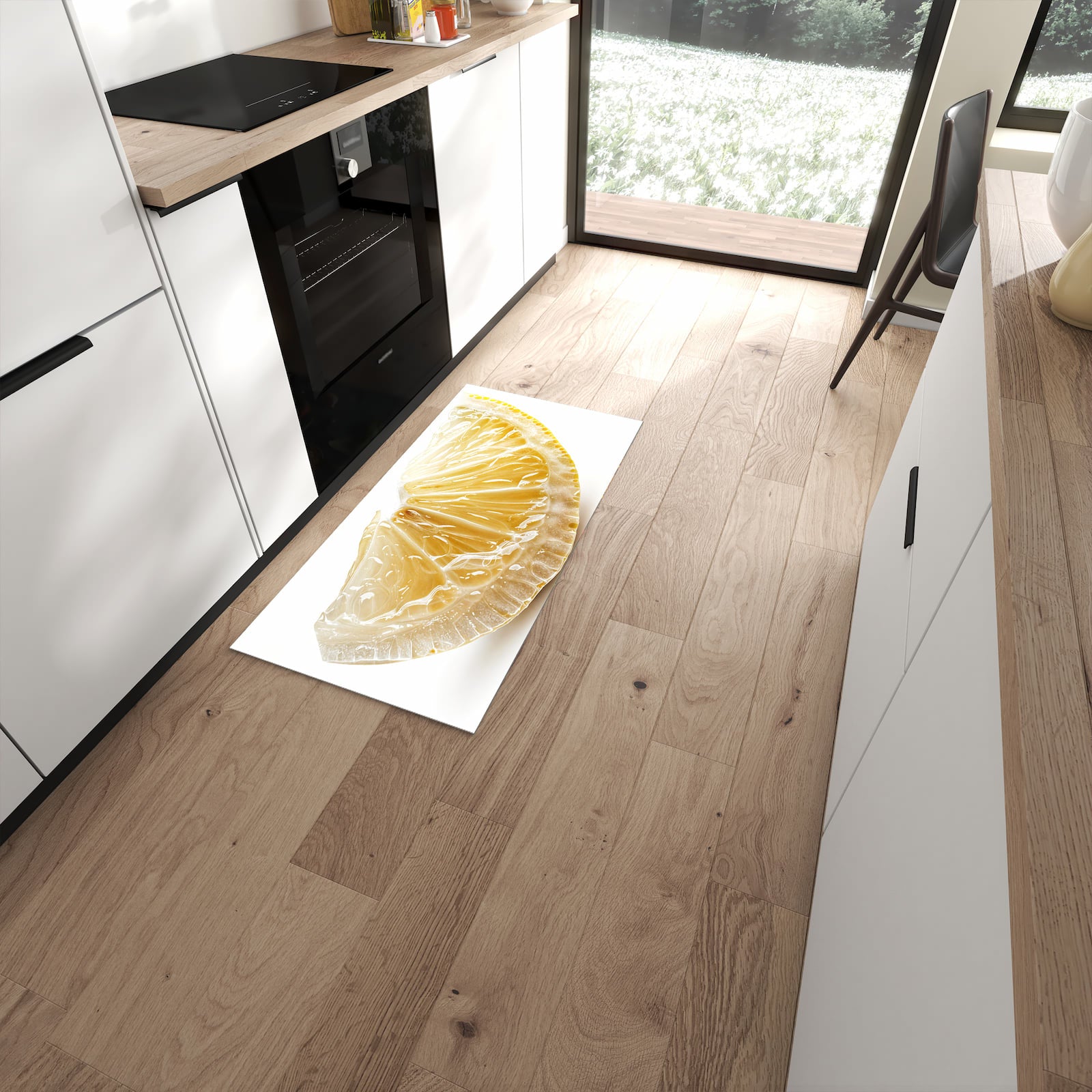 Waschbarer dünner Küchenteppich mit Motiv Zitronenscheibe in moderner Küche #grösse_60 x 120 cm