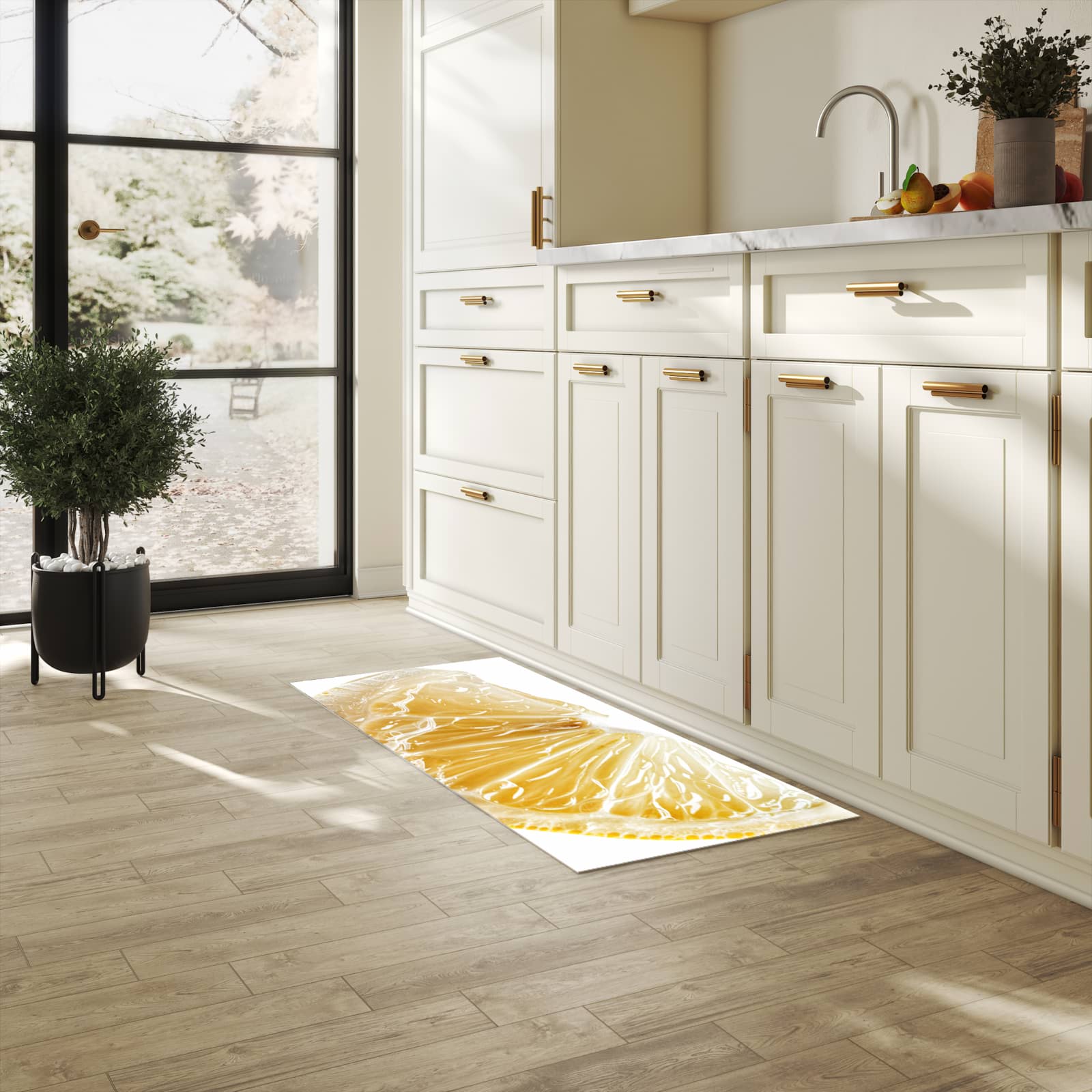 Fleckenresistenter waschbarer Teppich Küche mit Motiv Zitronenscheibe in heller Küche