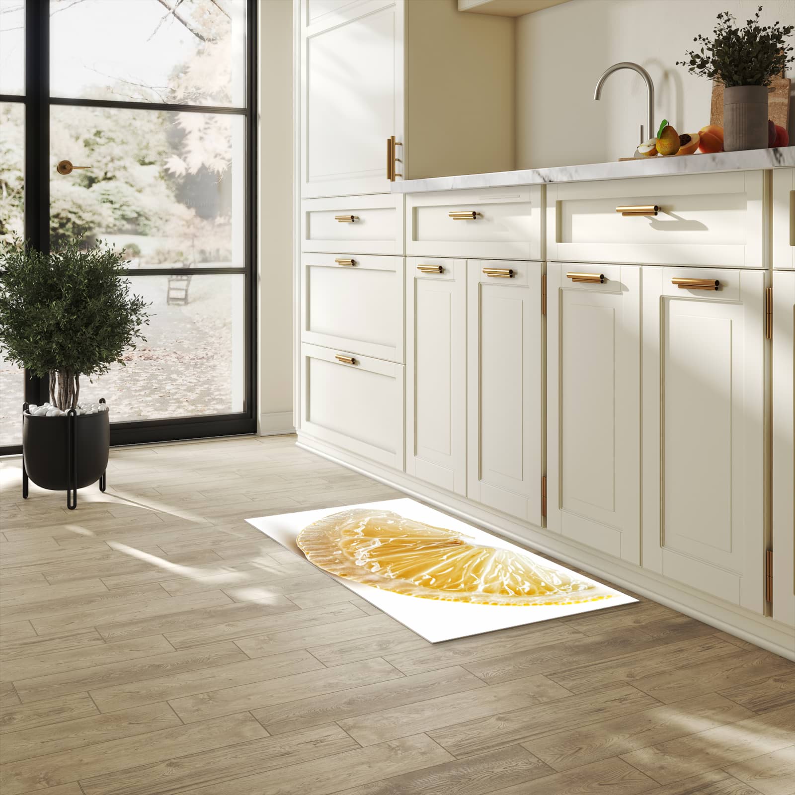 Wasserabweisender Küchenvorleger mit Motiv Zitronenscheibe in heller Küche