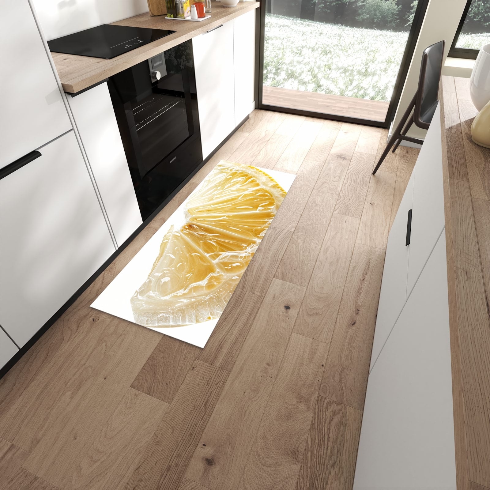 Fleckenresistenter waschbarer Teppich mit Motiv Zitronenscheibe in moderner Küche #grösse_60 x 150 cm