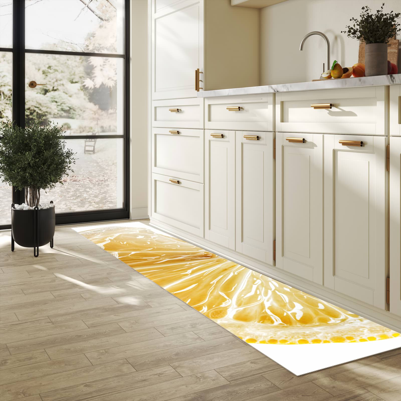 Flacher waschbarer Läufer für die Küche mit Motiv Zitronenscheibe in heller Küche