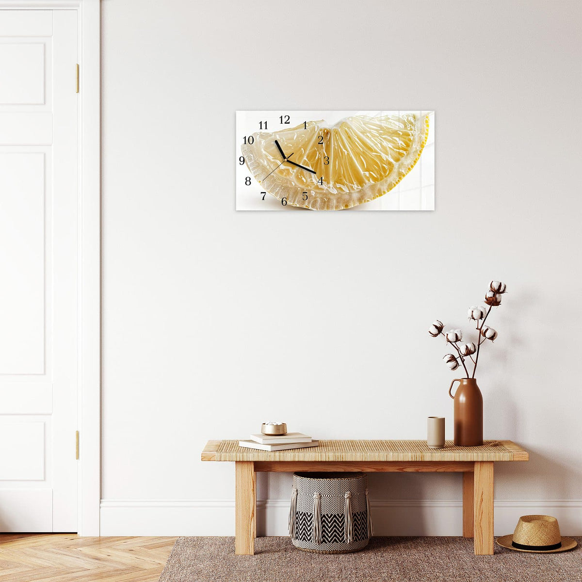 Moderne Wanduhr aus Glas mit Farbtiefe – Wanduhr Zitronenscheibe aus Glas – Querformat 60 × 30 cm