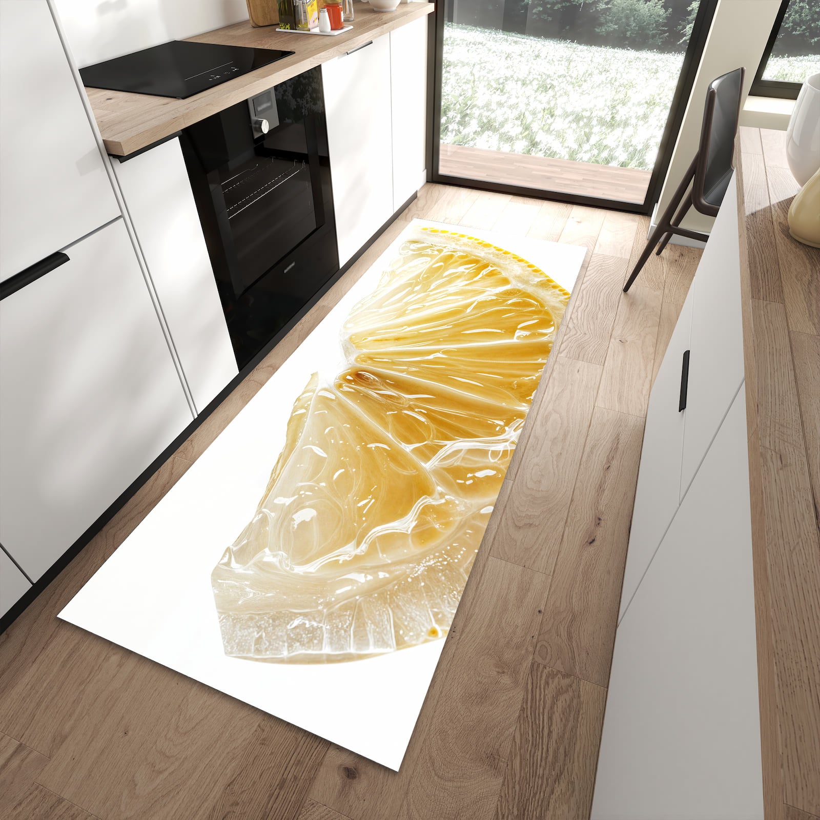 Strapazierfähiger waschbarer Küchenteppich mit Motiv Zitronenscheibe in moderner Küche