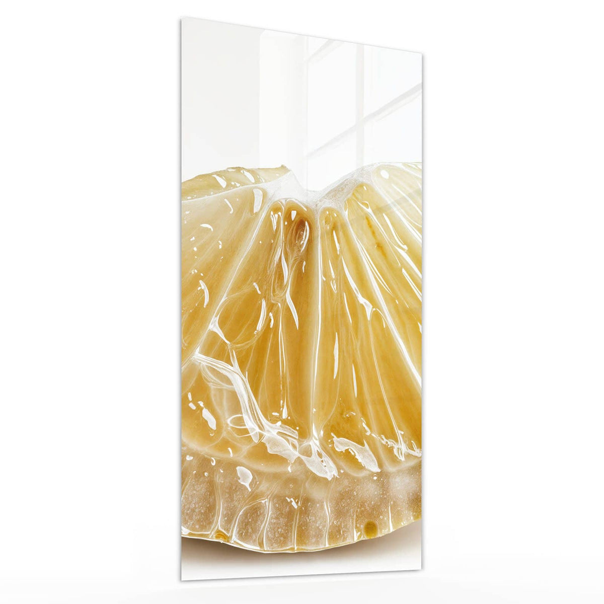 Wandbild aus Glas Zitronenscheibe schräg von der Seite, 4 mm starkes Echtglas #grösse_30 x 60 cm #grösse_40 x 80 cm #grösse_50 x 100 cm #grösse_55 x 110 cm #grösse_60 x 120 cm