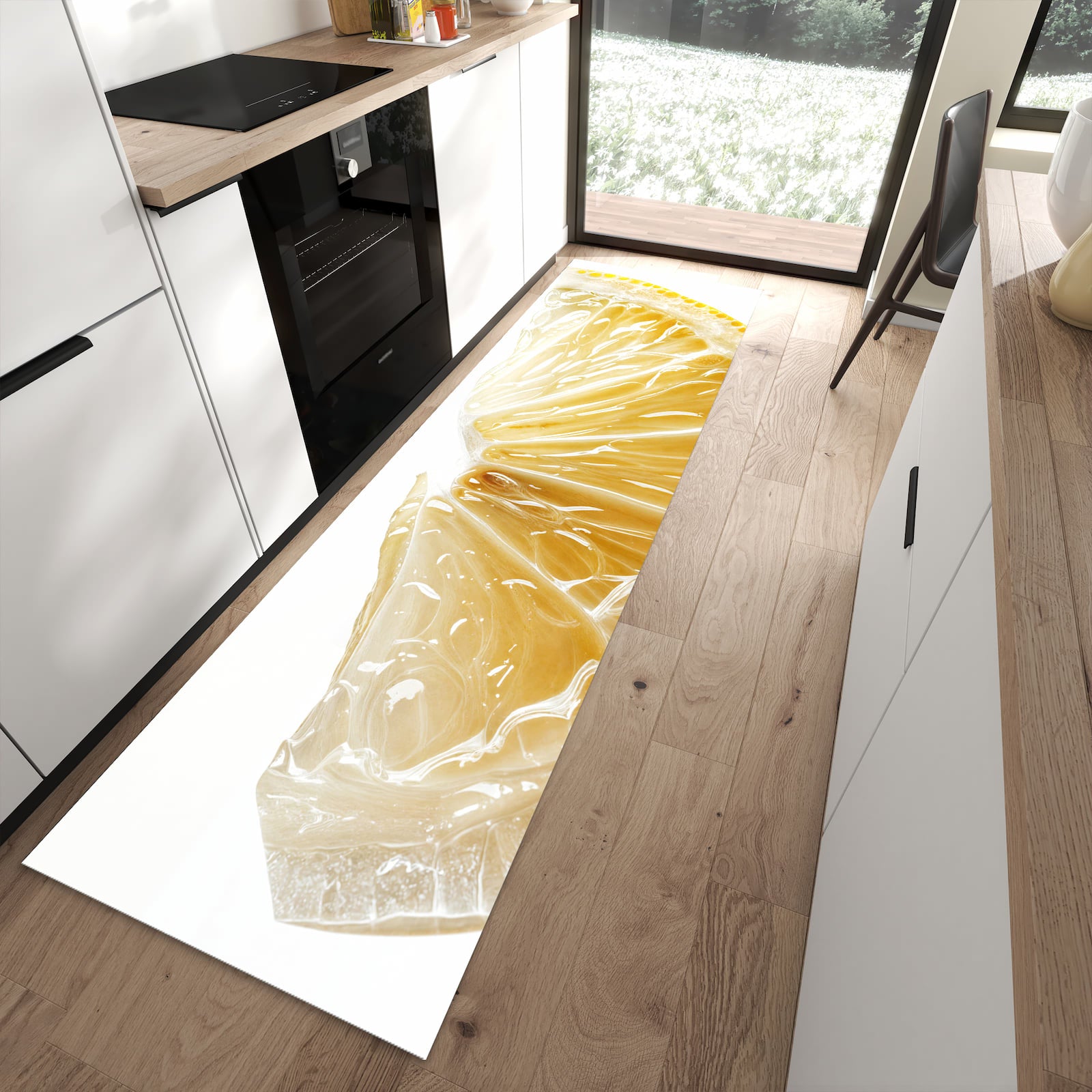 Rutschfester Küchenteppich mit Motiv Zitronenscheibe in moderner Küche - leicht zu reinigen