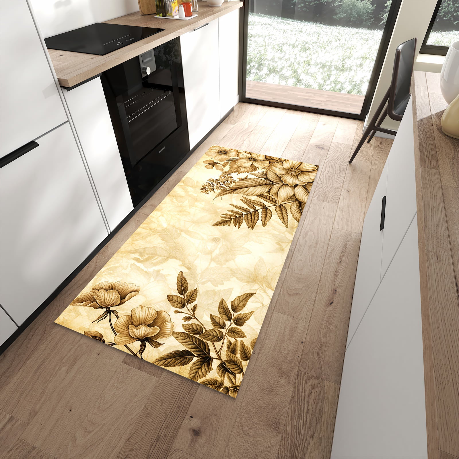 UV-beständiger dünner Teppich mit Motiv Blumenblatt Kunstwerk in moderner Küche