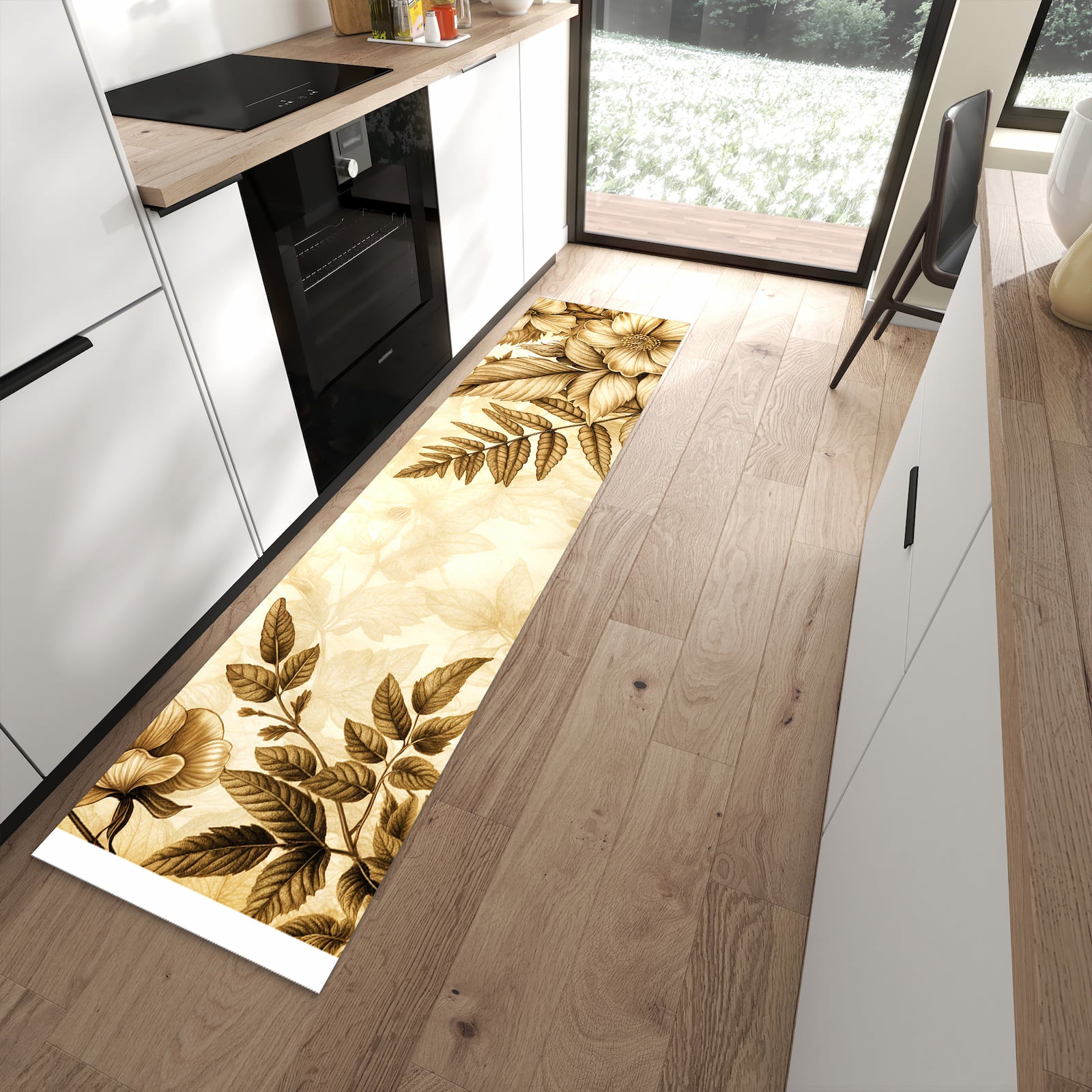 Ordnungsschaffender Küchenläufer mit Motiv Blumenblatt Kunstwerk in moderner Küche