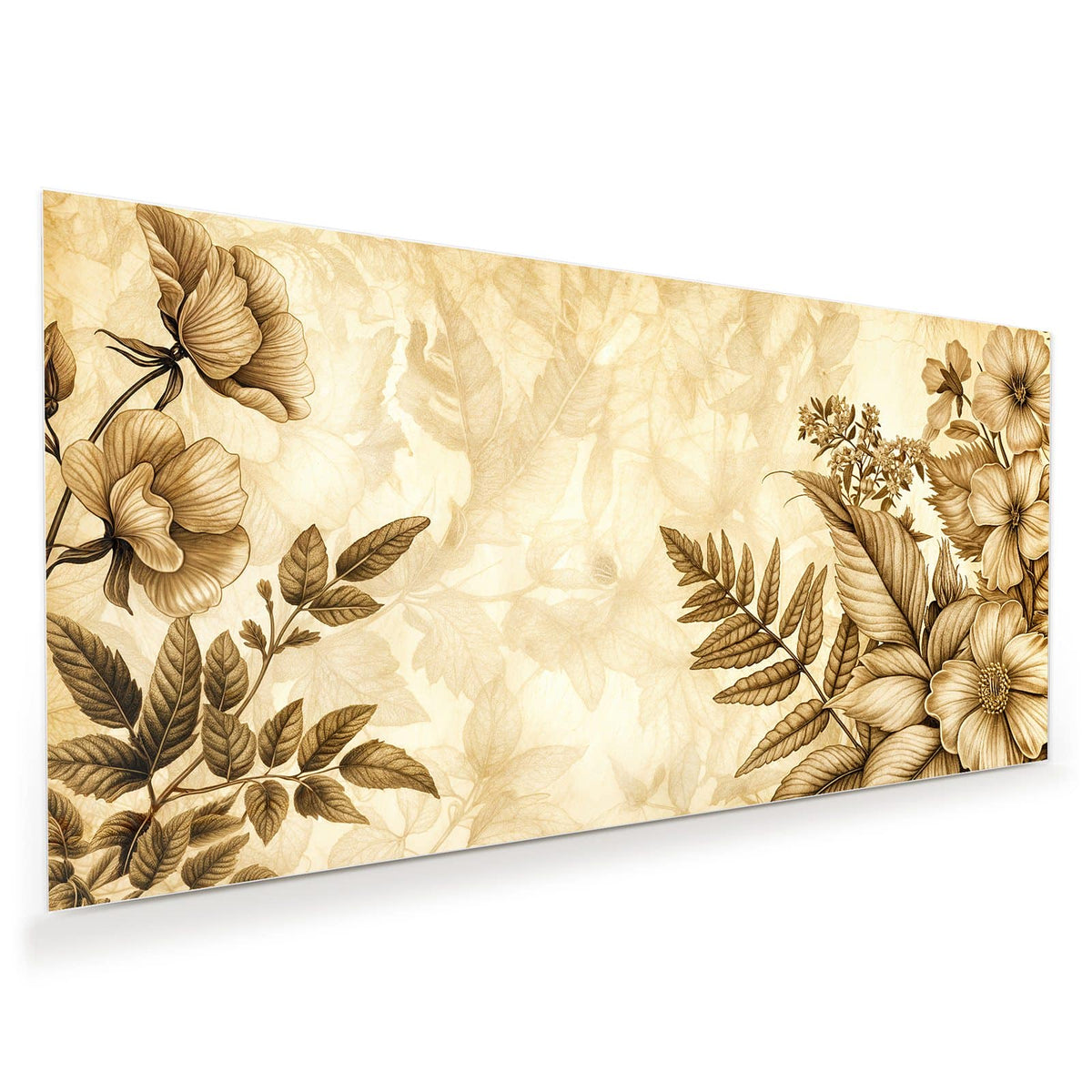 Botanische Zeichnung aus Blüten und Farnwedeln komplett in Sepia auf Altpapierton