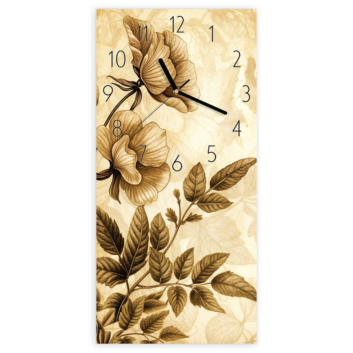 Wanduhr aus Glas, Ziffernblatt Elegant: Botanische Zeichnung aus Blüten und Farnwedeln komplett in Sepia auf Altpapierton #ziffernblatt_Elegant