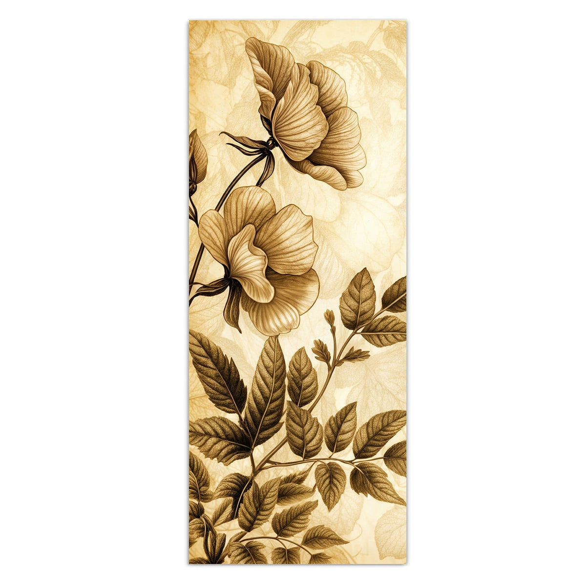 Botanische Zeichnung aus Blüten und Farnwedeln komplett in Sepia auf Altpapierton