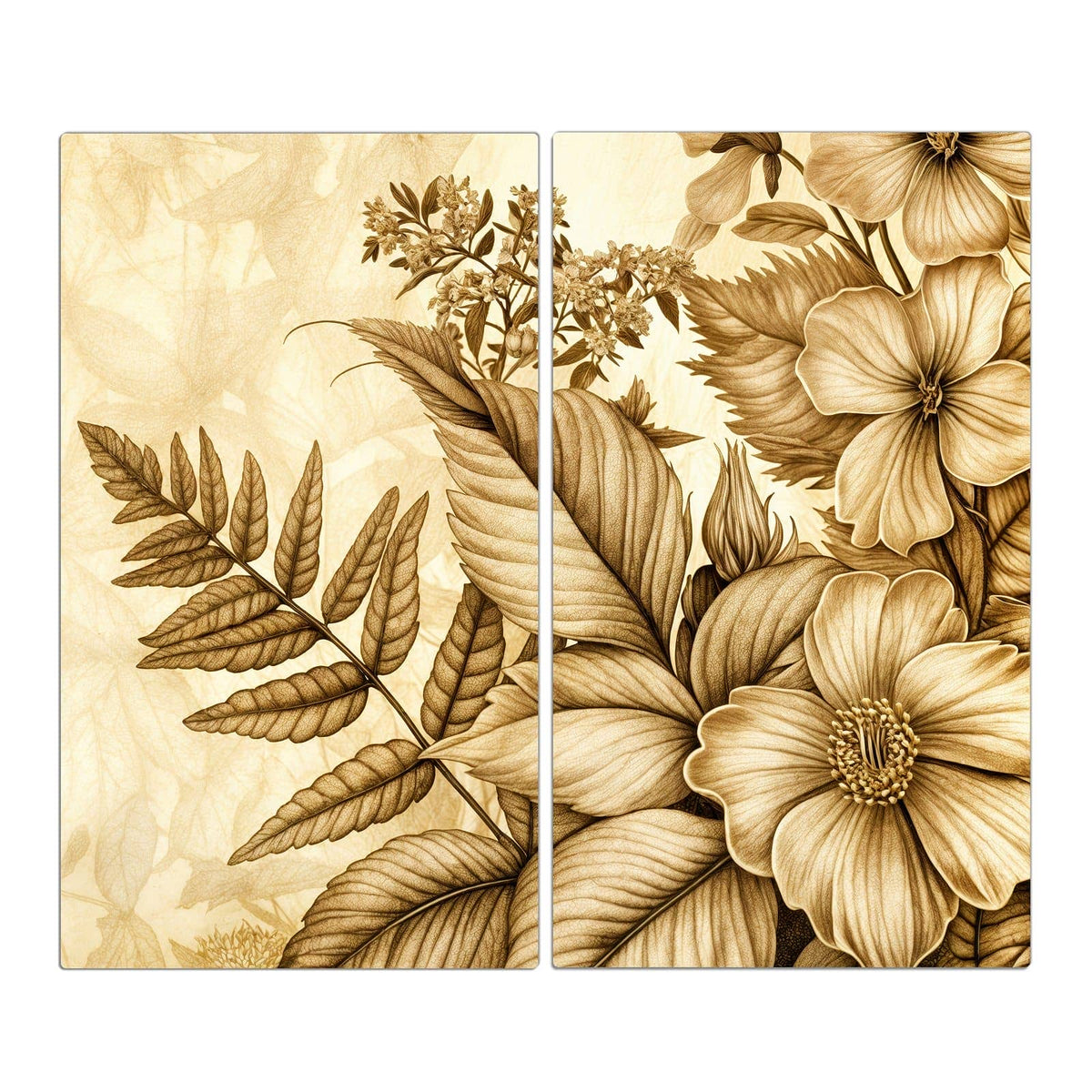 Botanische Zeichnung aus Blüten und Farnwedeln komplett in Sepia auf Altpapierton