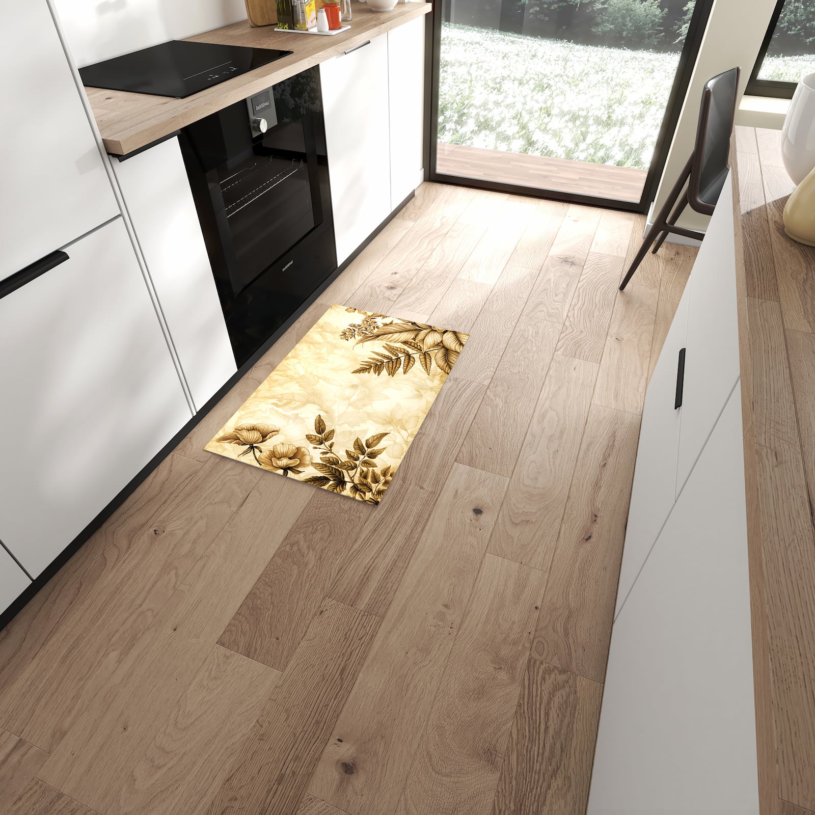 Formstabiler waschbarer Läufer für die Küche mit Motiv Blumenblatt Kunstwerk in moderner Küche