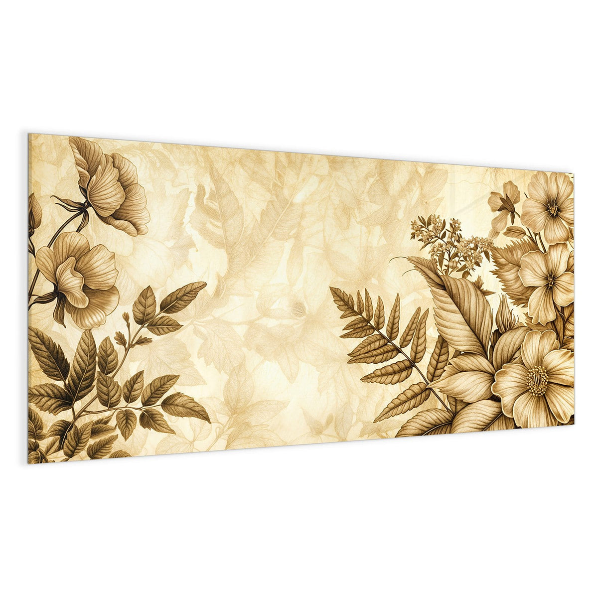 Botanische Zeichnung aus Blüten und Farnwedeln komplett in Sepia auf Altpapierton
