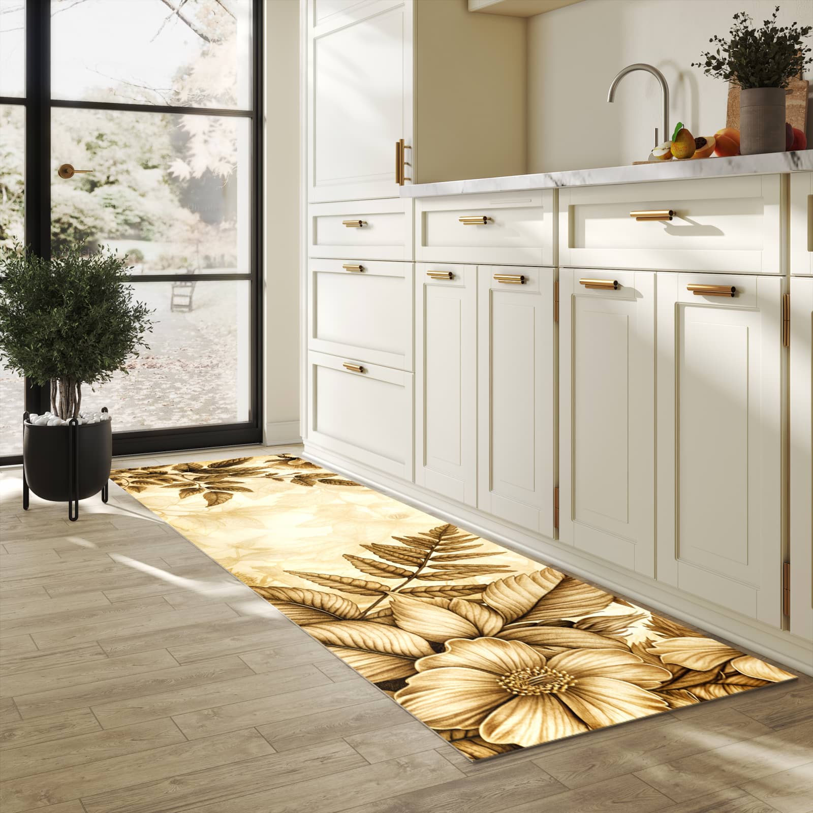 Rutschfester Küchenteppich mit Motiv Blumenblatt Kunstwerk in heller Küche