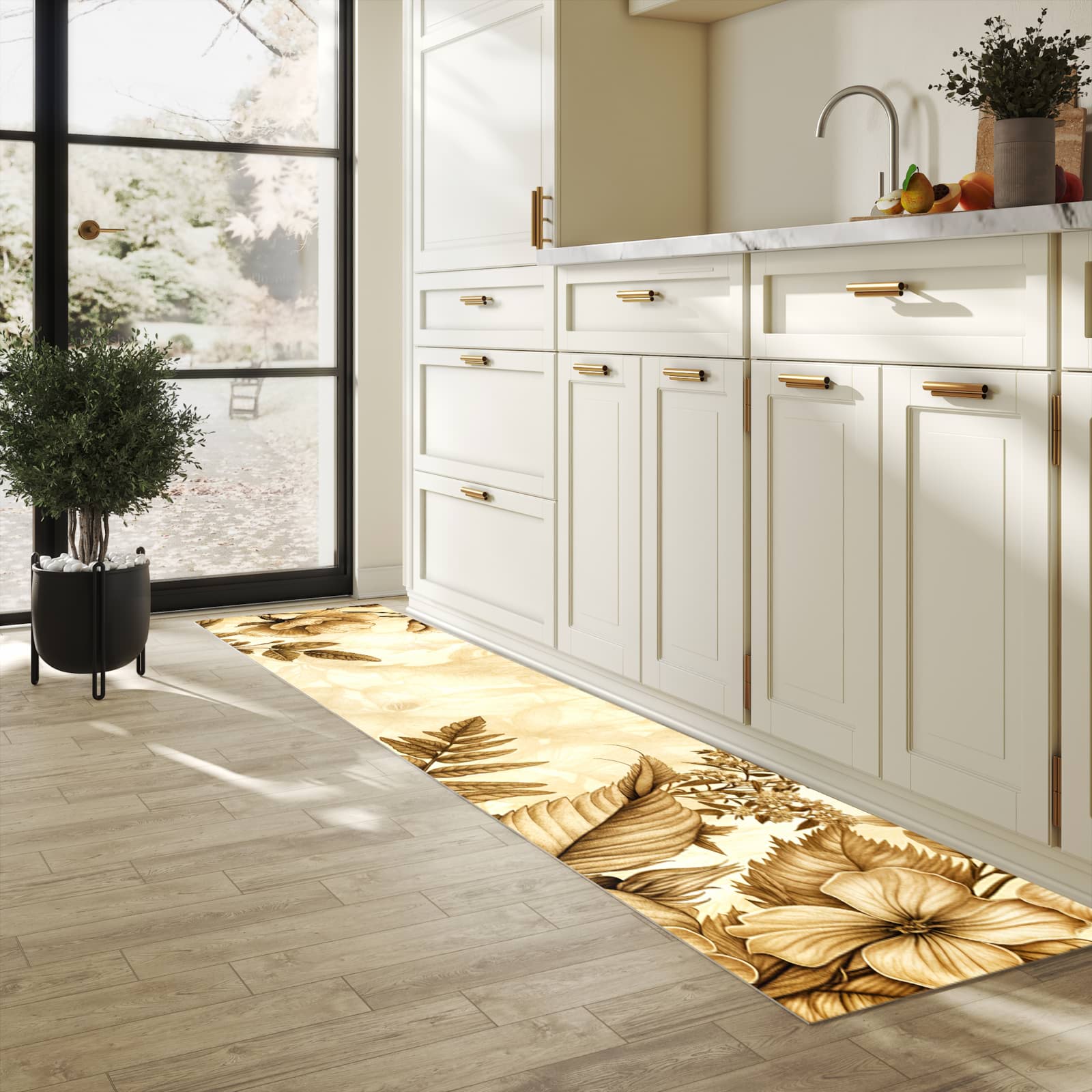 Hygienischer Küchenteppich mit Motiv Blumenblatt Kunstwerk in heller Küche