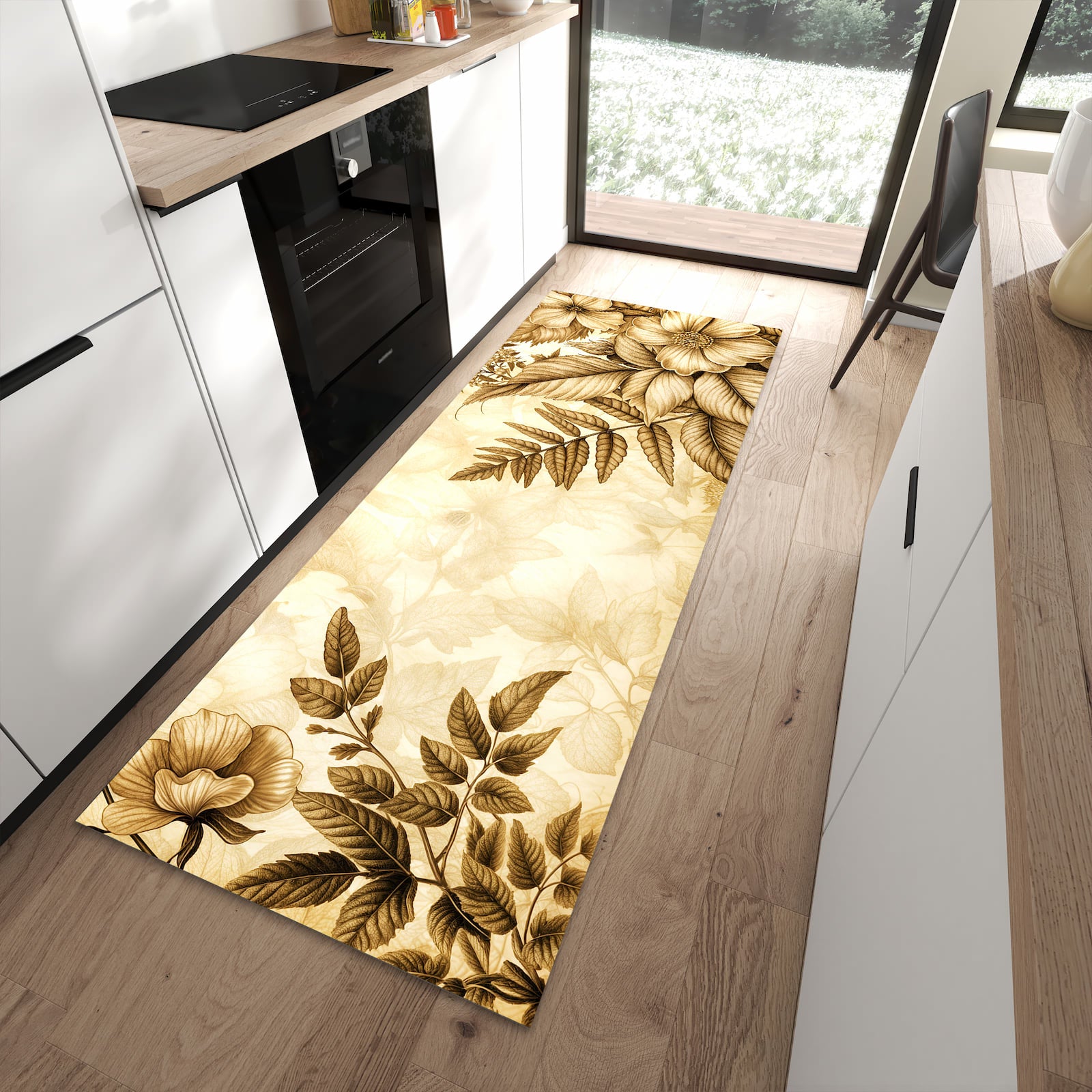 Rutschfester Küchenteppich mit Motiv Blumenblatt Kunstwerk für Trittkomfort in moderner Küche