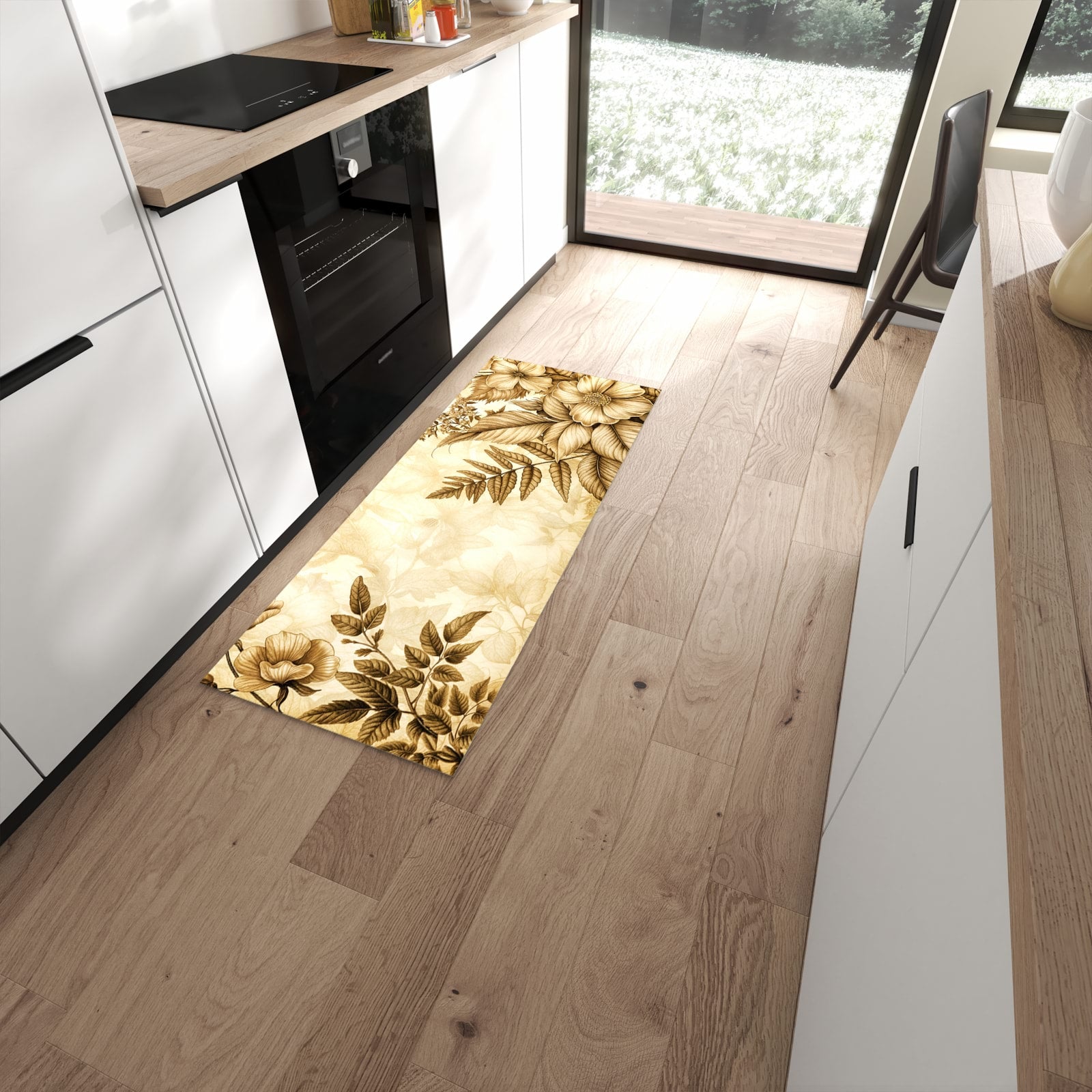 Feuchtigkeitsresistenter Küchenvorleger mit Motiv Blumenblatt Kunstwerk in moderner Küche #grösse_60 x 150 cm