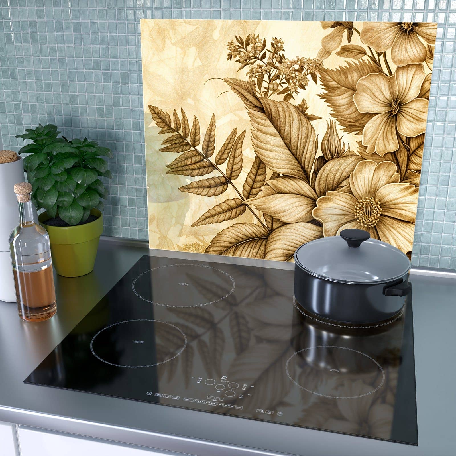1-teilige Glasplatte für Herd mit Blumenblatt Kunstwerk-Motiv als Spritzschutz hinter dem Kochfeld