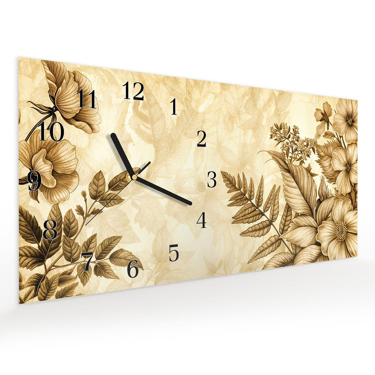 Vormontiert – mit Schwebeeffekt – Wanduhr Blumenblatt Kunstwerk aus Glas – Querformat 60 × 30 cm