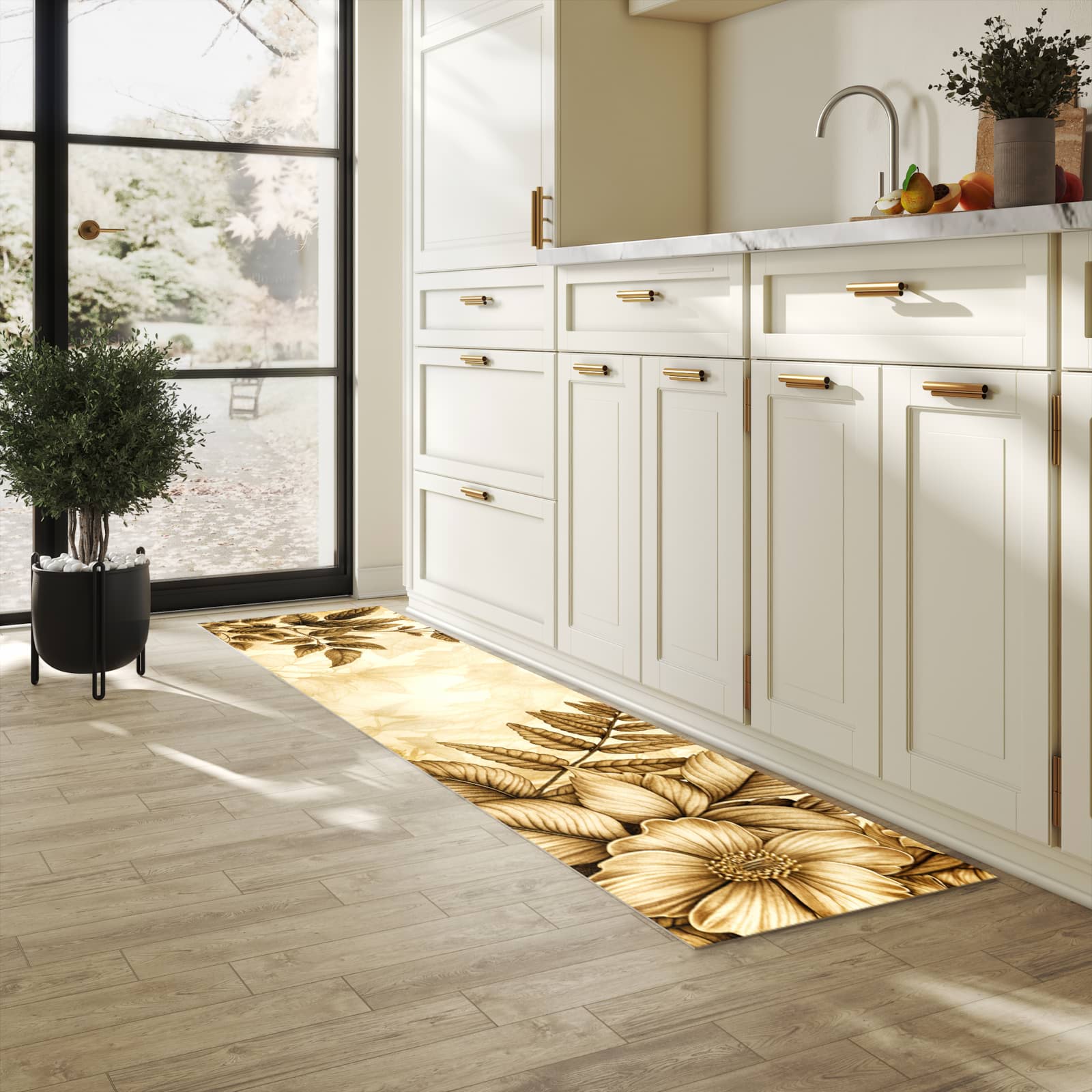 Küchenteppich mit Motiv Blumenblatt Kunstwerk für angenehme Haptik in heller Küche