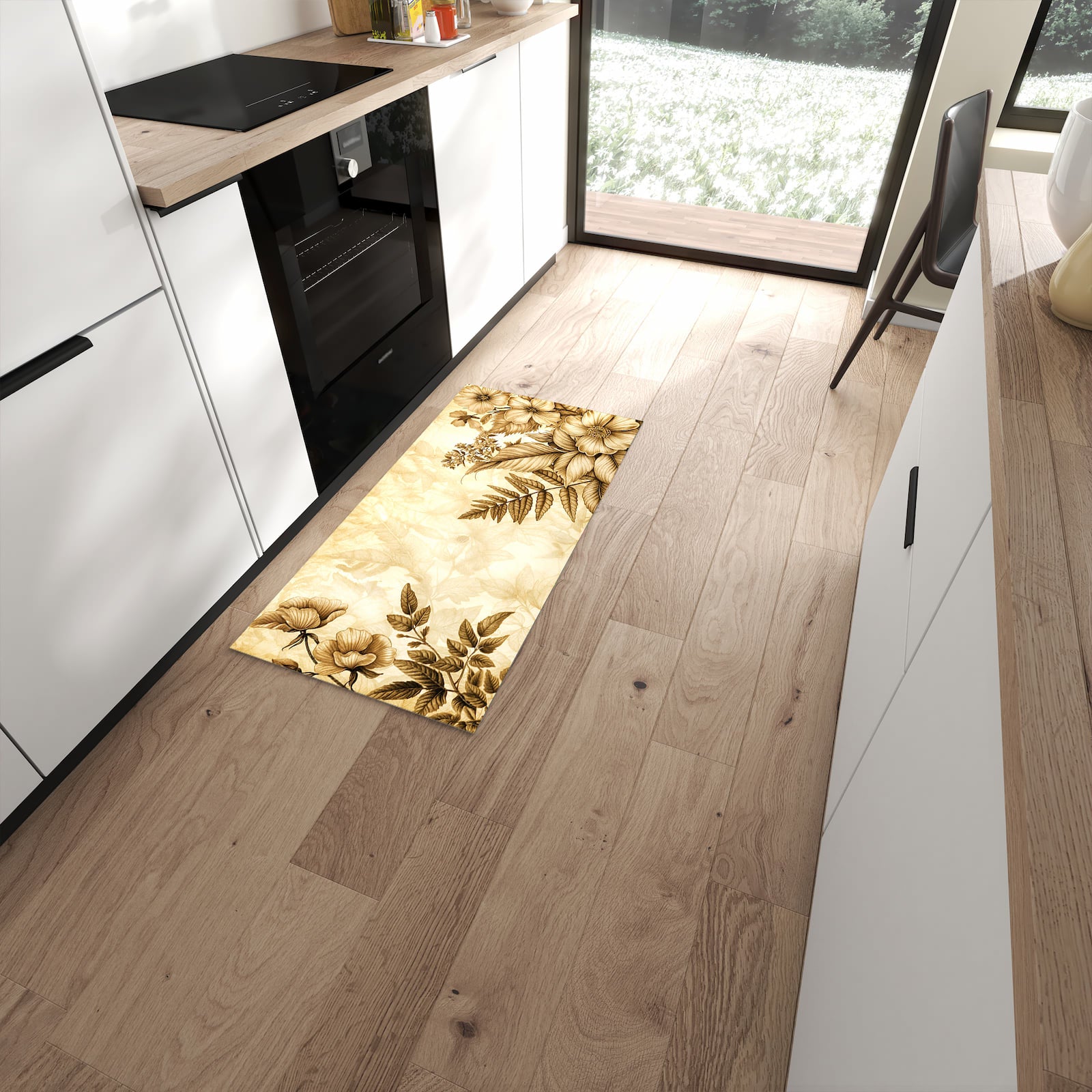 Rutschfester Küchenläufer mit Motiv Blumenblatt Kunstwerk in moderner Küche #grösse_60 x 120 cm