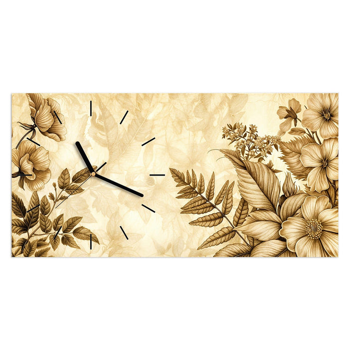Wanduhr Blumenblatt Kunstwerk aus Glas – Querformat 60 × 30 cm mit Ziffernblatt Linie