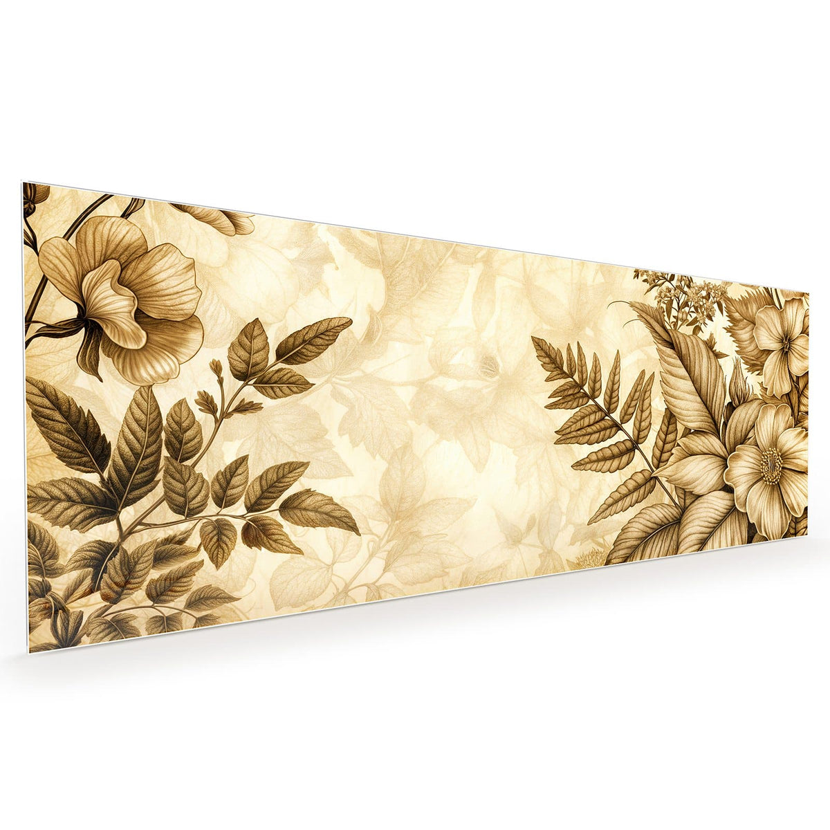 Küchenrückwand aus Glas im Hochformat: Botanische Zeichnung aus Blüten und Farnwedeln komplett in Sepia auf Altpapierton