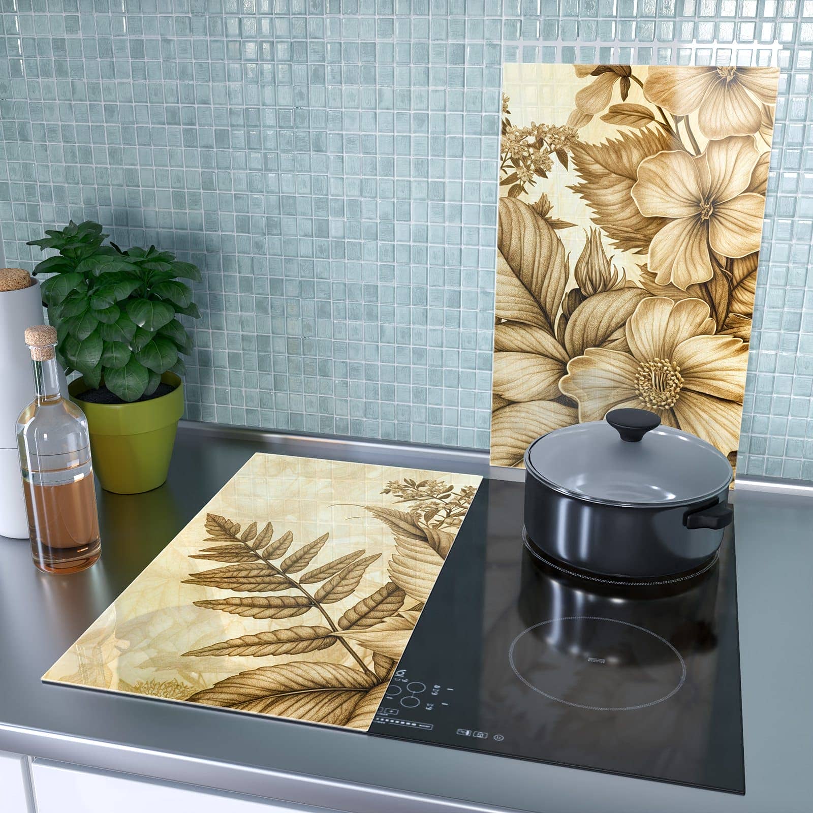 2-teilige Abdeckplatten für Herd mit Blumenblatt Kunstwerk-Motiv als Spritzschutz hinter dem Kochfeld