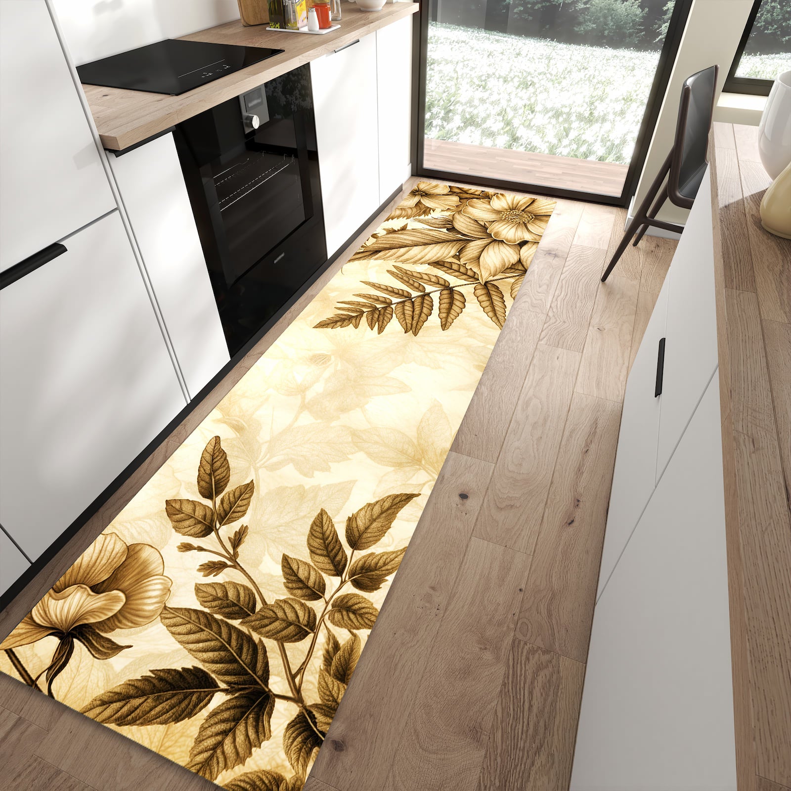 Abriebfester rutschfester Läufer mit Motiv Blumenblatt Kunstwerk in moderner Küche